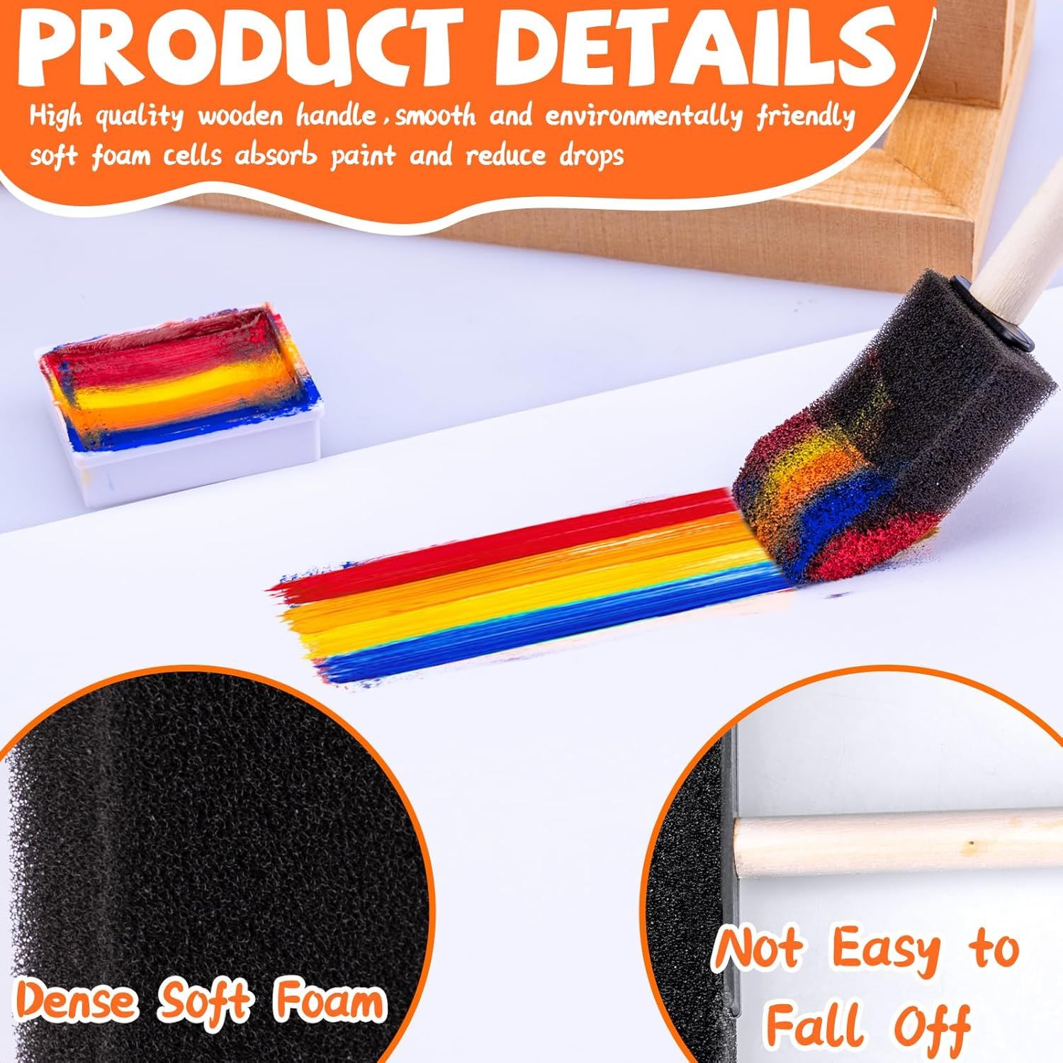 4 Pcs Foam Art Paintbrushes,Wood Handle Sponge Brushes 1'', 2'',3'' & 4'' Sponge Paint Brush for Painting, Craft, Staining, Varnish, Touch Up DIY Craft Projects