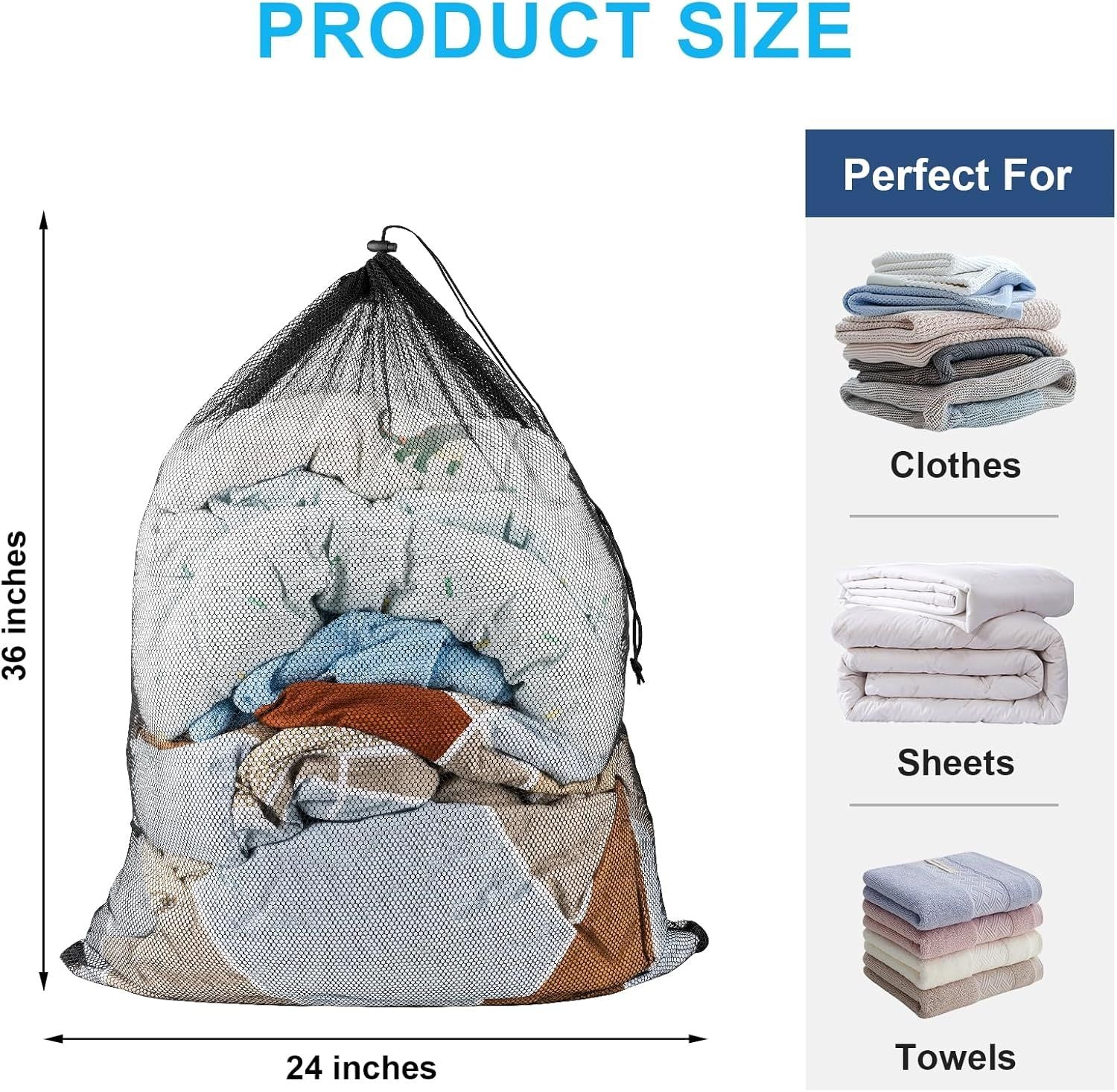 2 Pack Large Mesh Laundry Bags, 24" x 36" Heavy Duty Strong Drawstring Dirty Clothes Bags with Soft Breathable Net, Machine Washable Laundry Bag for College, Dorm, Camp, Travel and Family Use Black