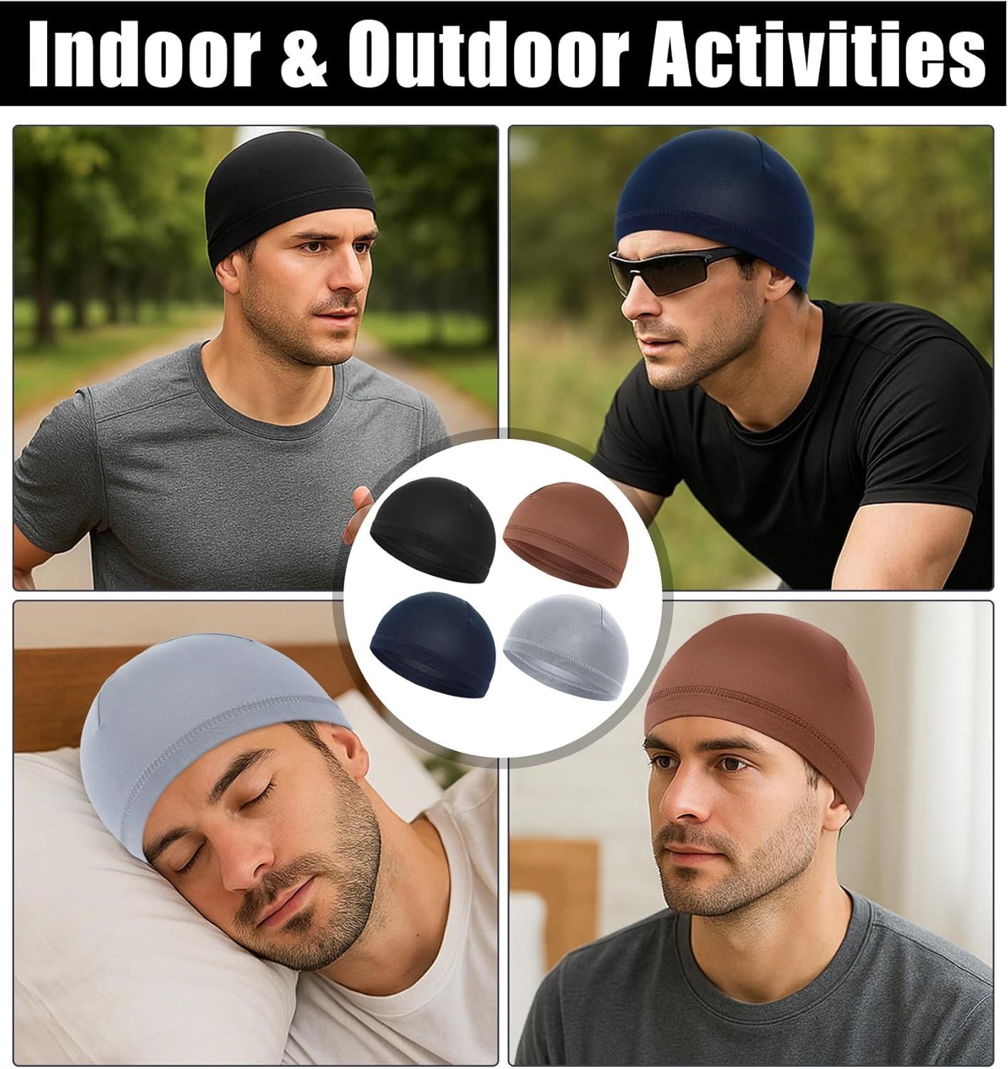 Sleep Cap Men, 4 Pcs Sleeping Cap for Men, Headcaps for Men's Sleeping 4 Colors, Stretch 20-23 Inch Multi-Colored