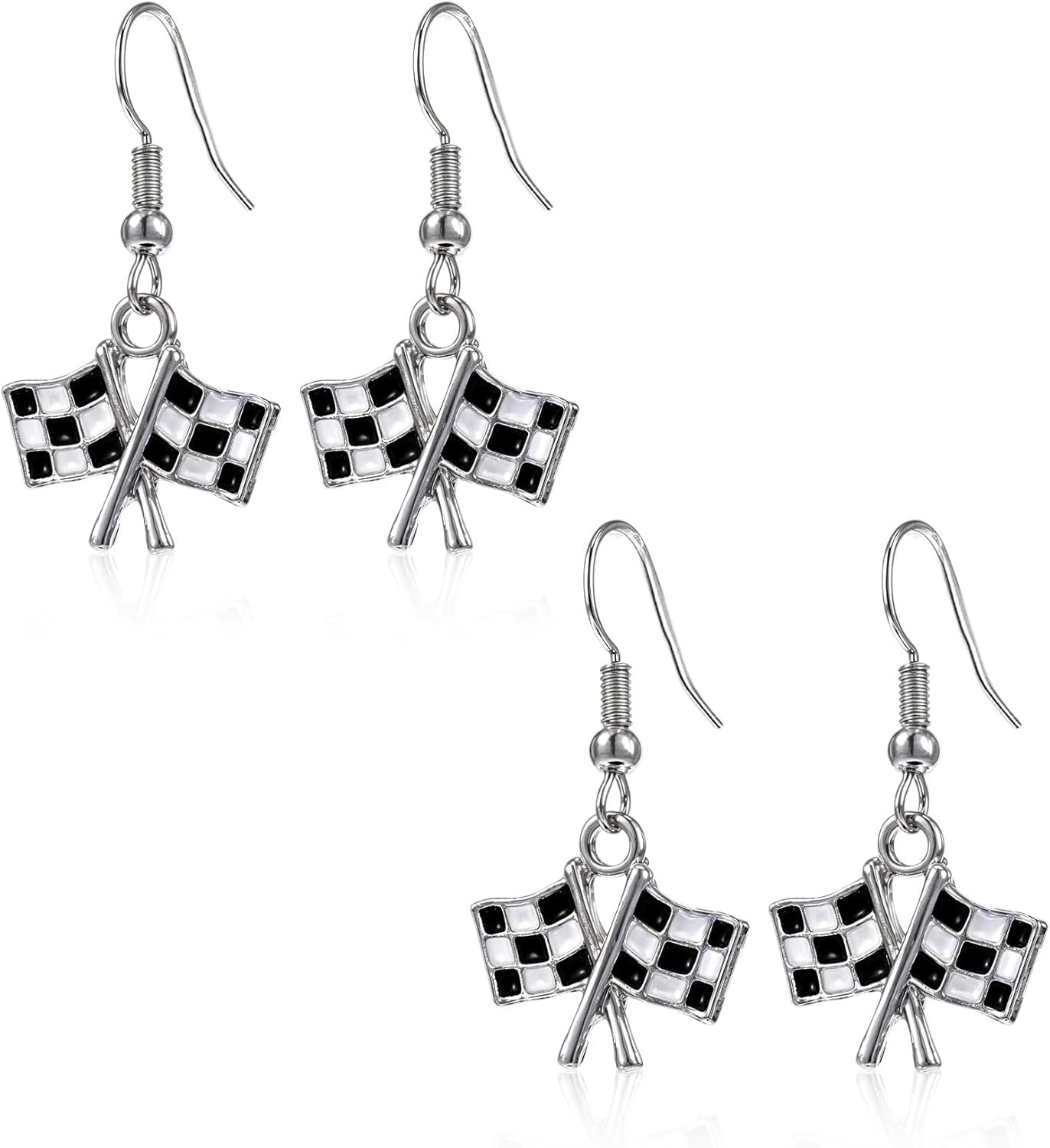 Checkered Flag Earrings, 2 Pairs Checkered Flag Earrings for Women Black and White Race Charm Dangle Earrings Ideal for Women Racing Fans and Race Day Accessories