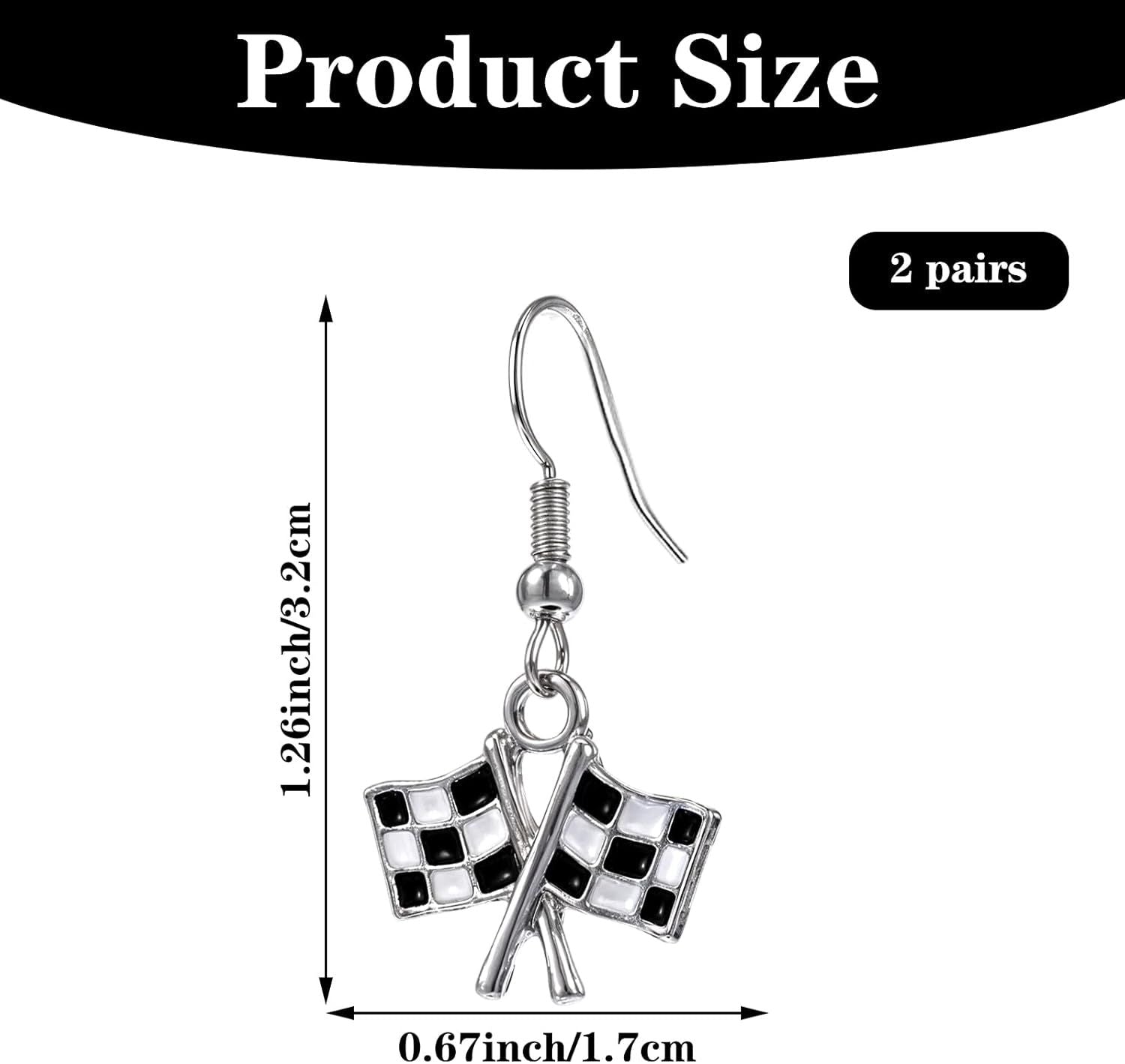 Checkered Flag Earrings, 2 Pairs Checkered Flag Earrings for Women Black and White Race Charm Dangle Earrings Ideal for Women Racing Fans and Race Day Accessories