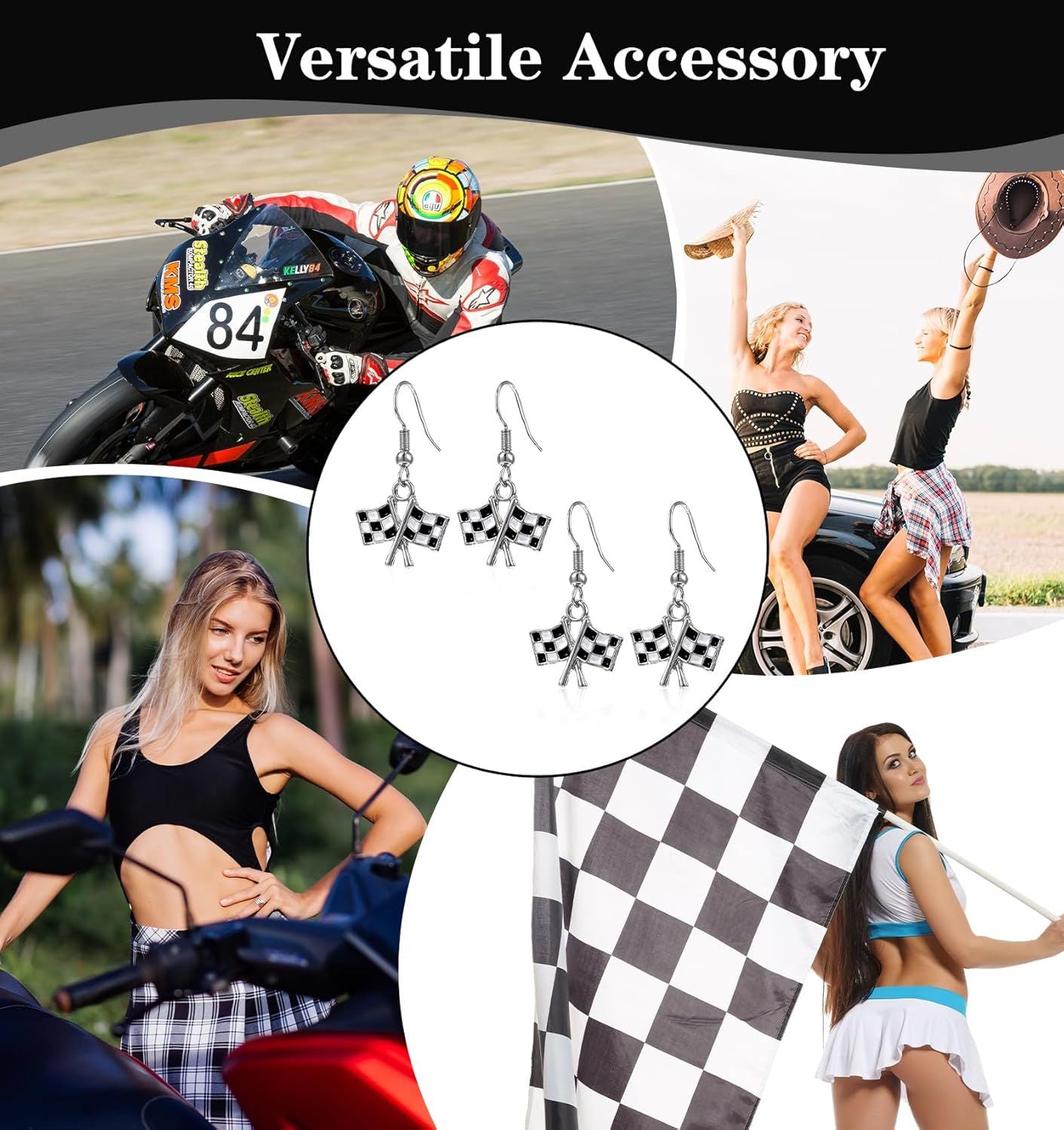 Checkered Flag Earrings, 2 Pairs Checkered Flag Earrings for Women Black and White Race Charm Dangle Earrings Ideal for Women Racing Fans and Race Day Accessories