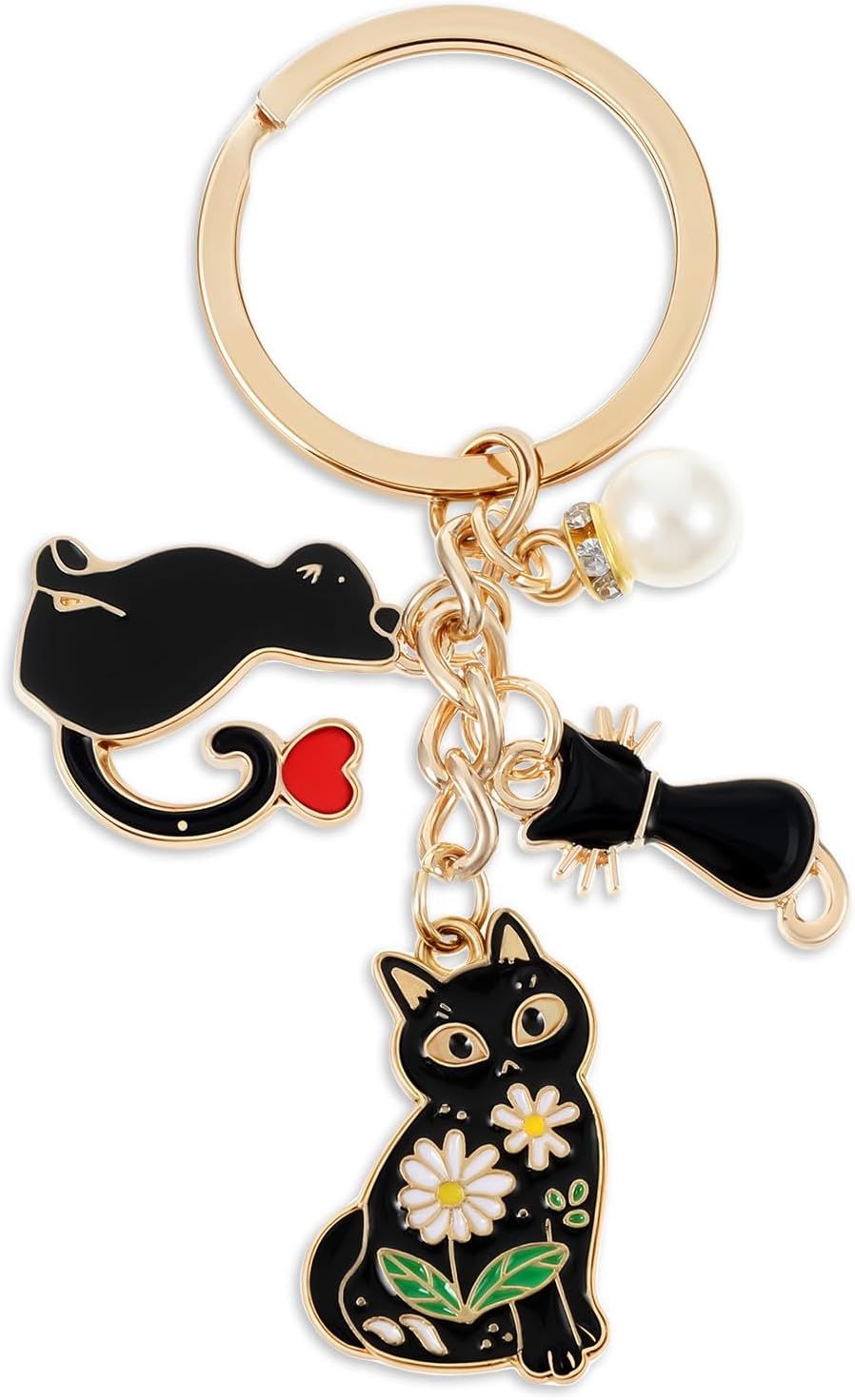 Black Cat Key Chain, Black Cat Keychain, Cute Enamel Daisy Enamel Design Cartoon Kitten Keychain for Girls and Pet Lovers Birthday Accessories