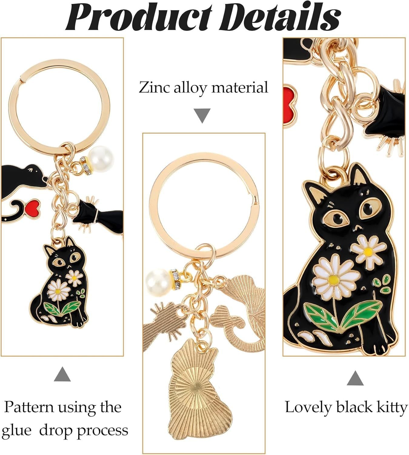 Black Cat Key Chain, Black Cat Keychain, Cute Enamel Daisy Enamel Design Cartoon Kitten Keychain for Girls and Pet Lovers Birthday Accessories