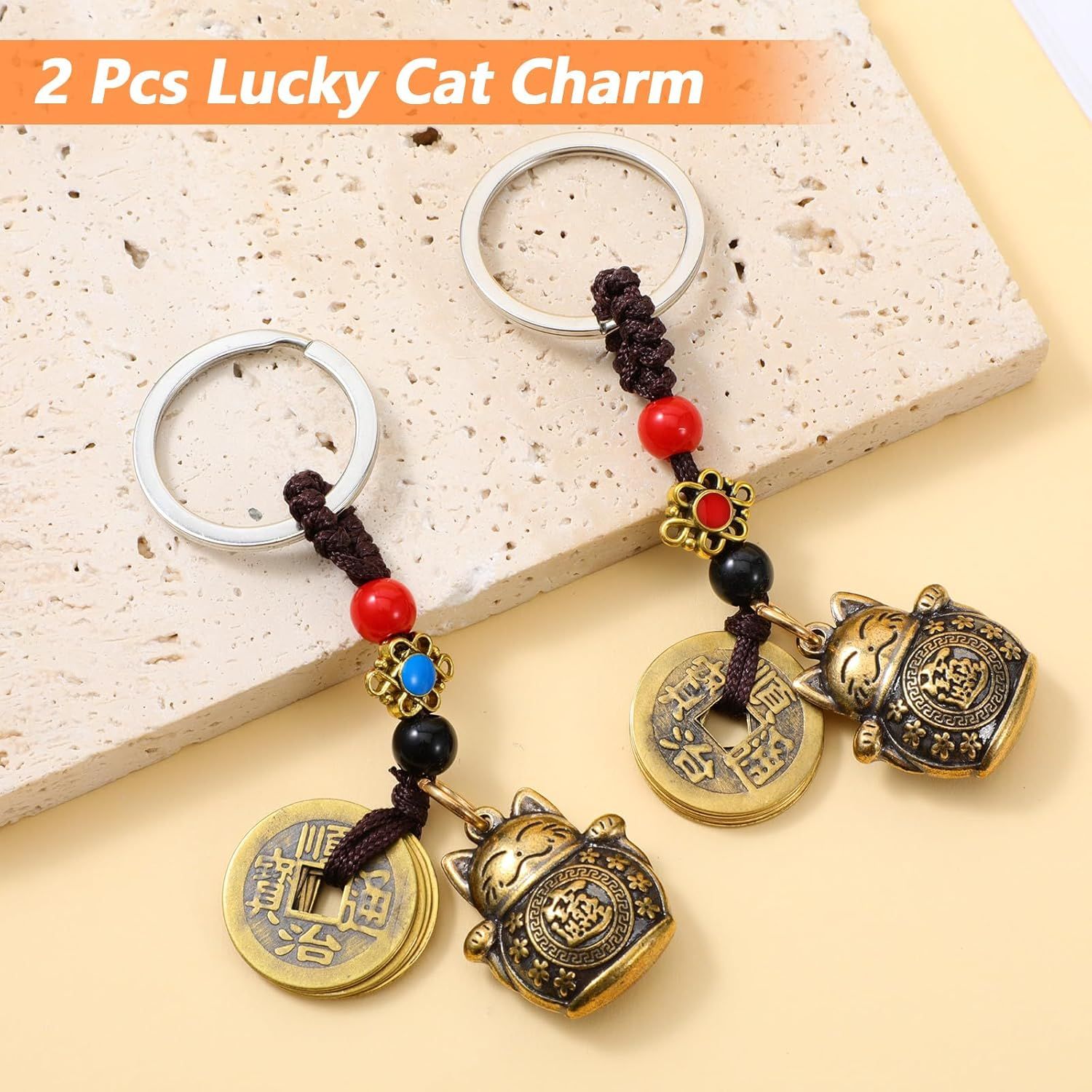 Lucky Cat Keychain, 2 Pcs Japanese Keychain with Feng Shui Coins, Maneki Neko Lucky Cat Charm for Women, Girls, Kids