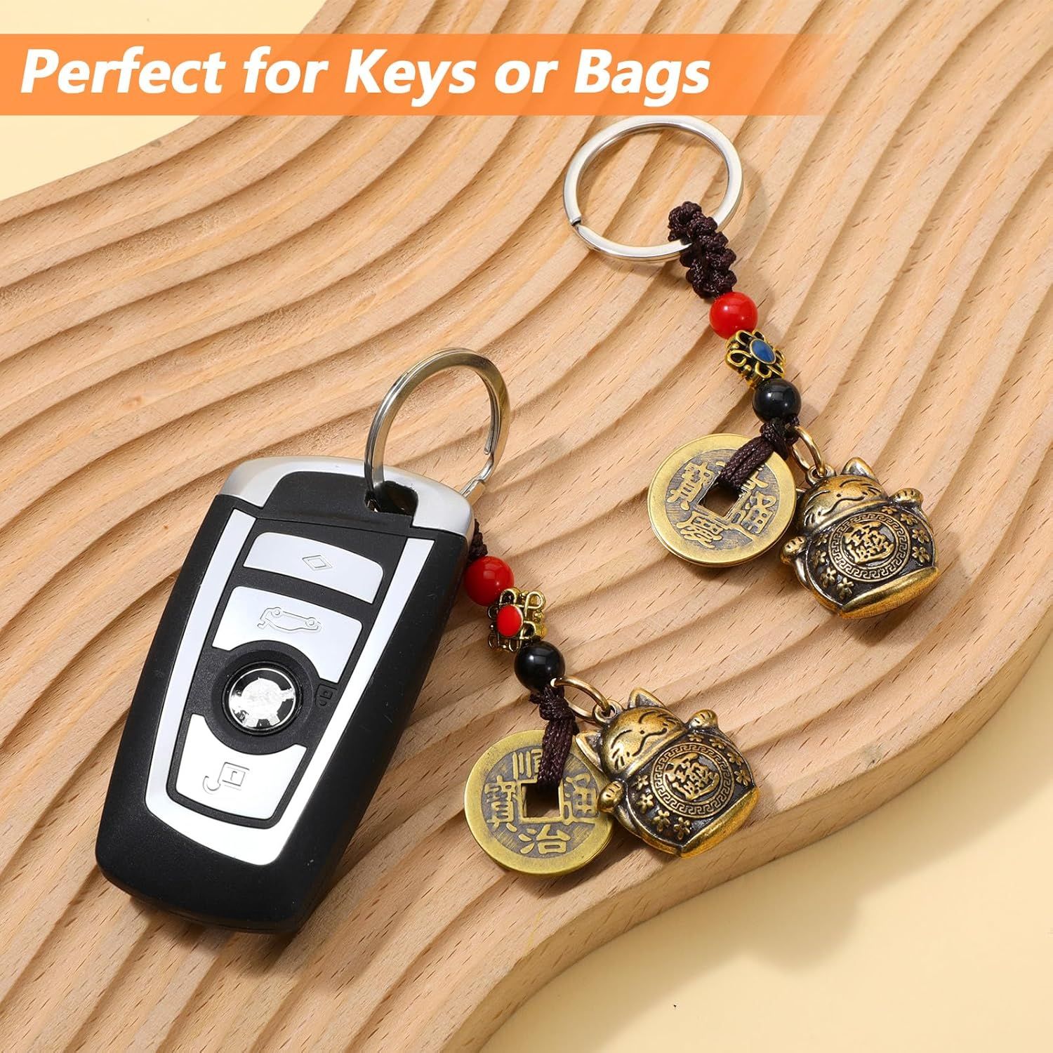 Lucky Cat Keychain, 2 Pcs Japanese Keychain with Feng Shui Coins, Maneki Neko Lucky Cat Charm for Women, Girls, Kids