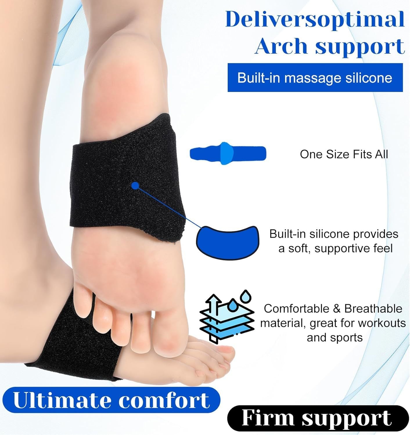 2 Pcs Plantar Fasciitis Relief, Adjustable Arch Support Neoprene Flat Foot Corrector Fallen Arch Supports Pads for Plantar Fasciitis, Gel Pads Bands Wear Over or Under Socks, Black 1 Pair