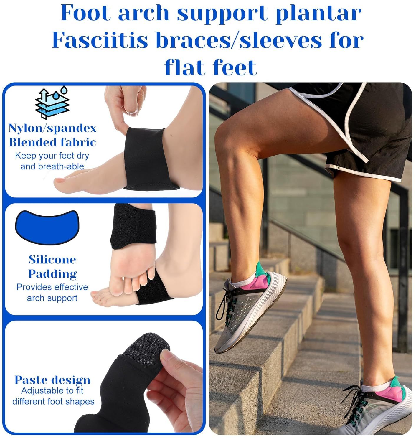 2 Pcs Plantar Fasciitis Relief, Adjustable Arch Support Neoprene Flat Foot Corrector Fallen Arch Supports Pads for Plantar Fasciitis, Gel Pads Bands Wear Over or Under Socks, Black 1 Pair