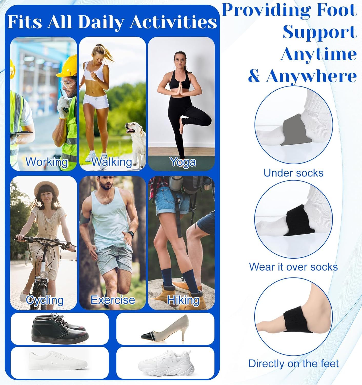 2 Pcs Plantar Fasciitis Relief, Adjustable Arch Support Neoprene Flat Foot Corrector Fallen Arch Supports Pads for Plantar Fasciitis, Gel Pads Bands Wear Over or Under Socks, Black 1 Pair
