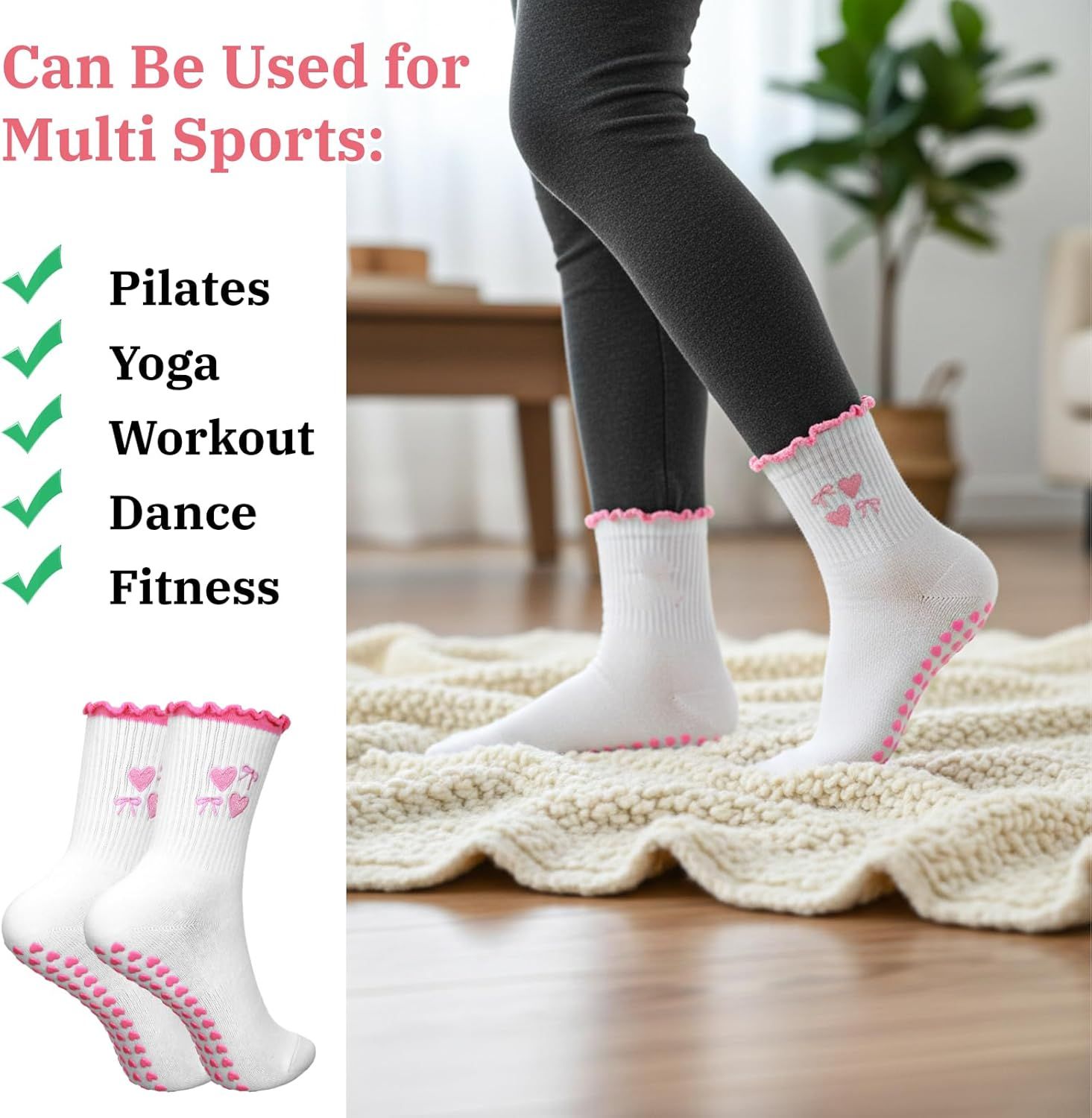 2 Pair Pilates Socks with Grips, Red Pink Non-Slip Pilates Yoga Grip Socks for Women, Cute Ruffle Design, Grippy Sticky Also Perfect for Barre & Fitness, Red & Pink