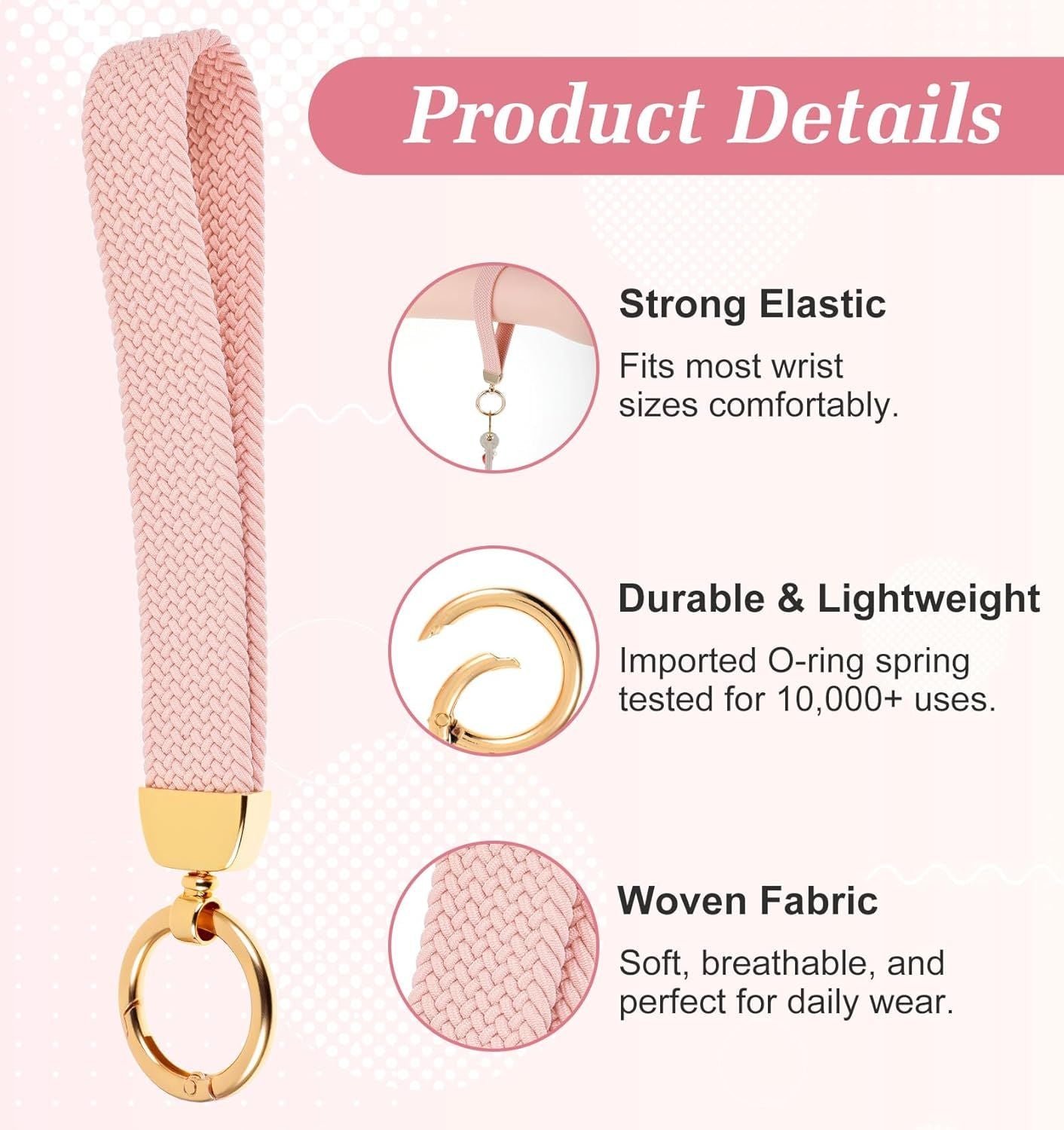 Fishent Stretchy Wristlet Keychain, Car Keychain Wristlet for Car Keys Phone Wallet, Elastic Key Holder with D Ring for Women Men Pink