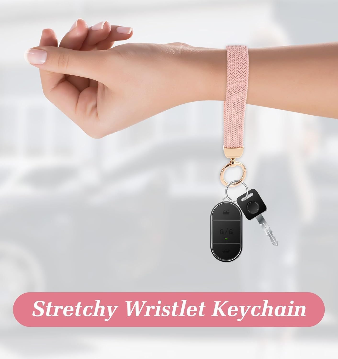 Fishent Stretchy Wristlet Keychain, Car Keychain Wristlet for Car Keys Phone Wallet, Elastic Key Holder with D Ring for Women Men Pink