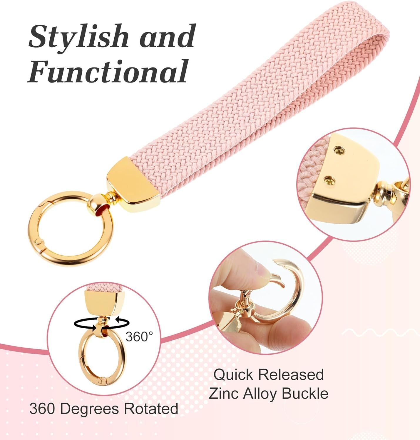 Fishent Stretchy Wristlet Keychain, Car Keychain Wristlet for Car Keys Phone Wallet, Elastic Key Holder with D Ring for Women Men Pink