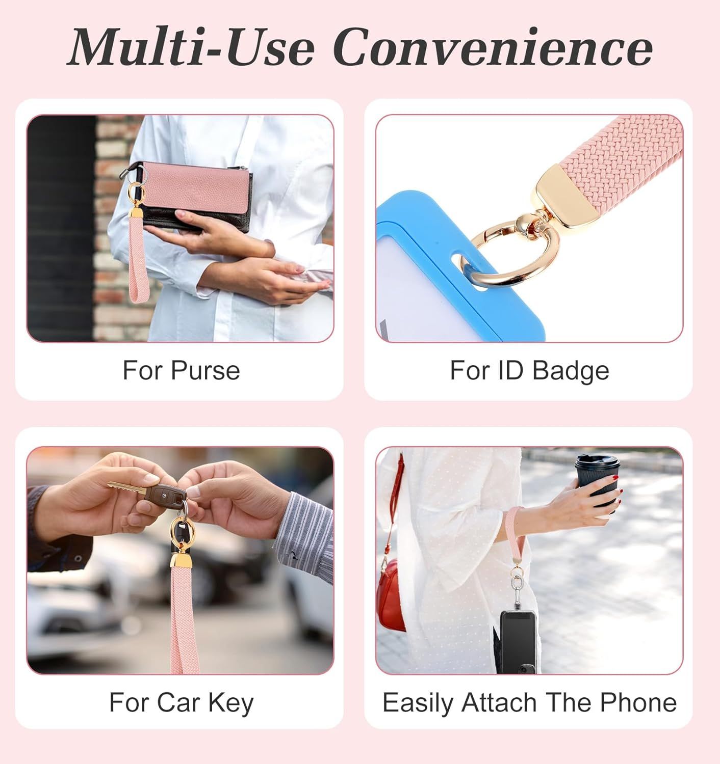 Fishent Stretchy Wristlet Keychain, Car Keychain Wristlet for Car Keys Phone Wallet, Elastic Key Holder with D Ring for Women Men Pink