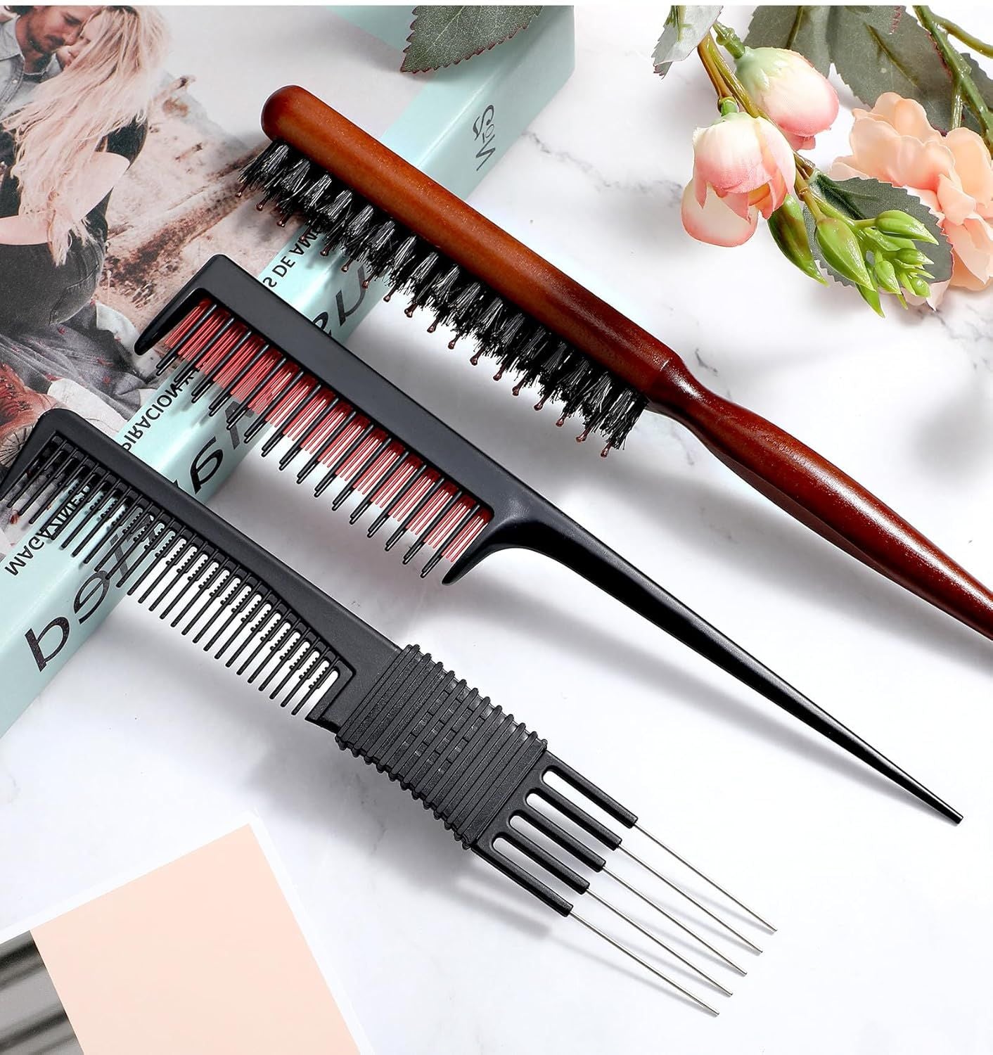 Teasing Combs for Women, 3 Pcs Hair Teasing Comb, Teaser Comb for Women Fine Hair, Slick Back, Volume, Backcombing