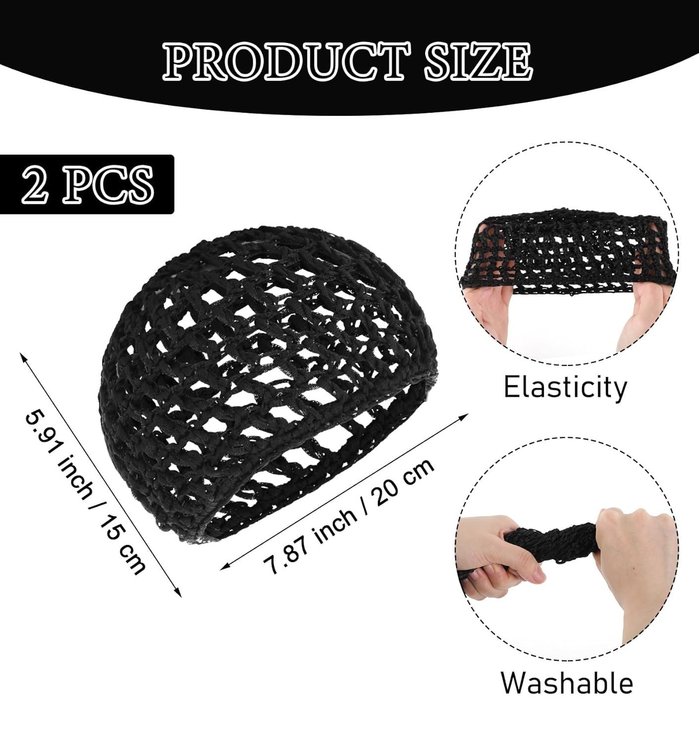 Crochet Hair Net, Comfortable Breathable Hair Net for Silk Press, Sleeping, Shower, Makeup, Hold Hair in Place All Night, Black Reusable & Elastic, 2 Pack