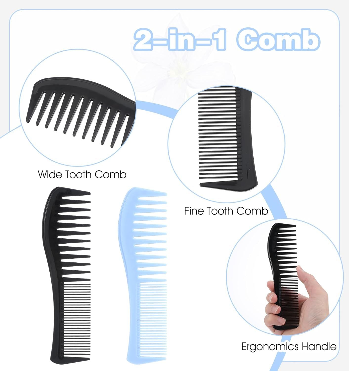 4 Pcs Boys Comb, 2-In-1 Plastic Comb, Wide and Fine Double Tooth Black Combs & Blue Combs for Men, Women All Hair Types, Beard and Mustache 2 Colors