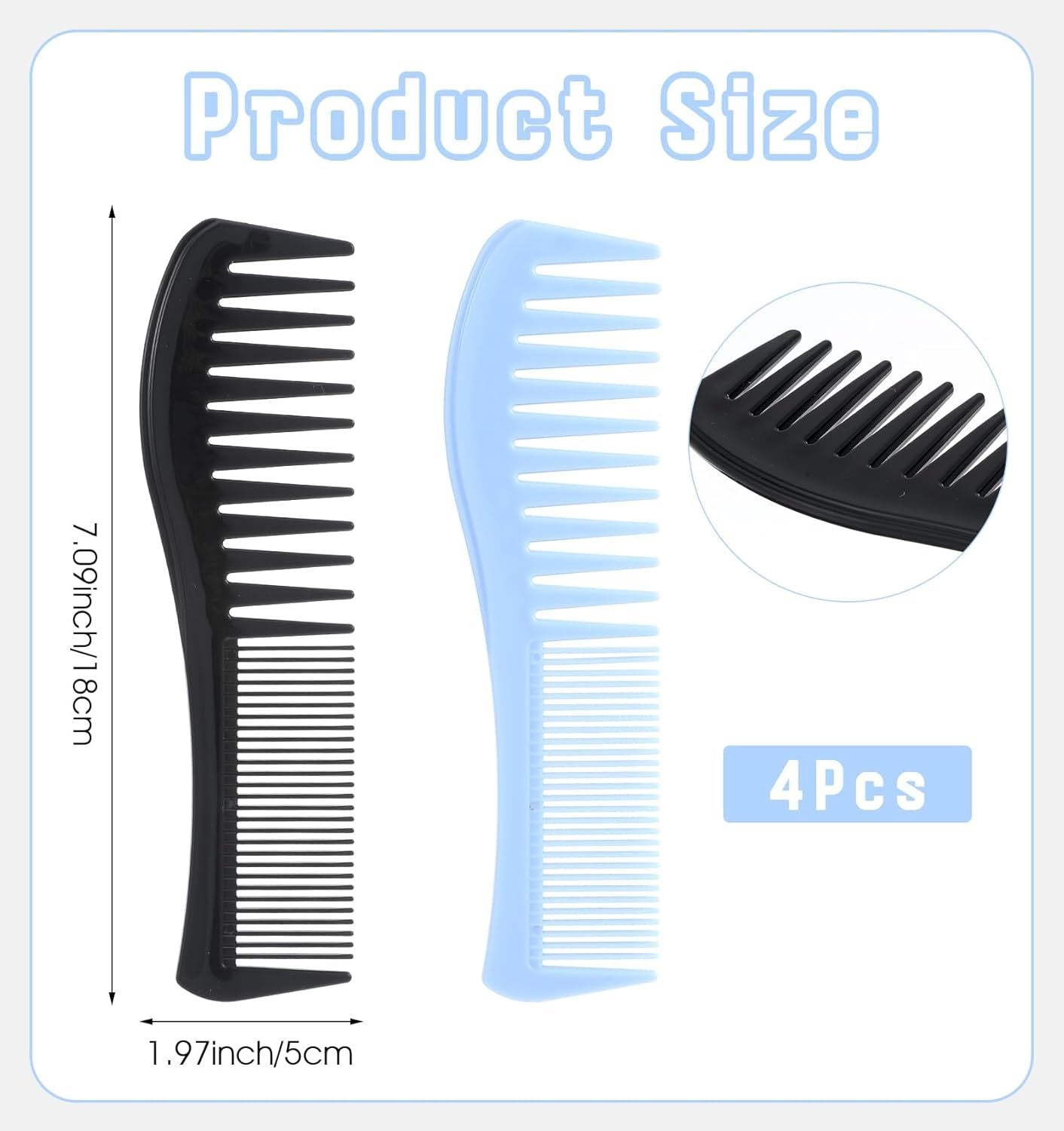 4 Pcs Boys Comb, 2-In-1 Plastic Comb, Wide and Fine Double Tooth Black Combs & Blue Combs for Men, Women All Hair Types, Beard and Mustache 2 Colors