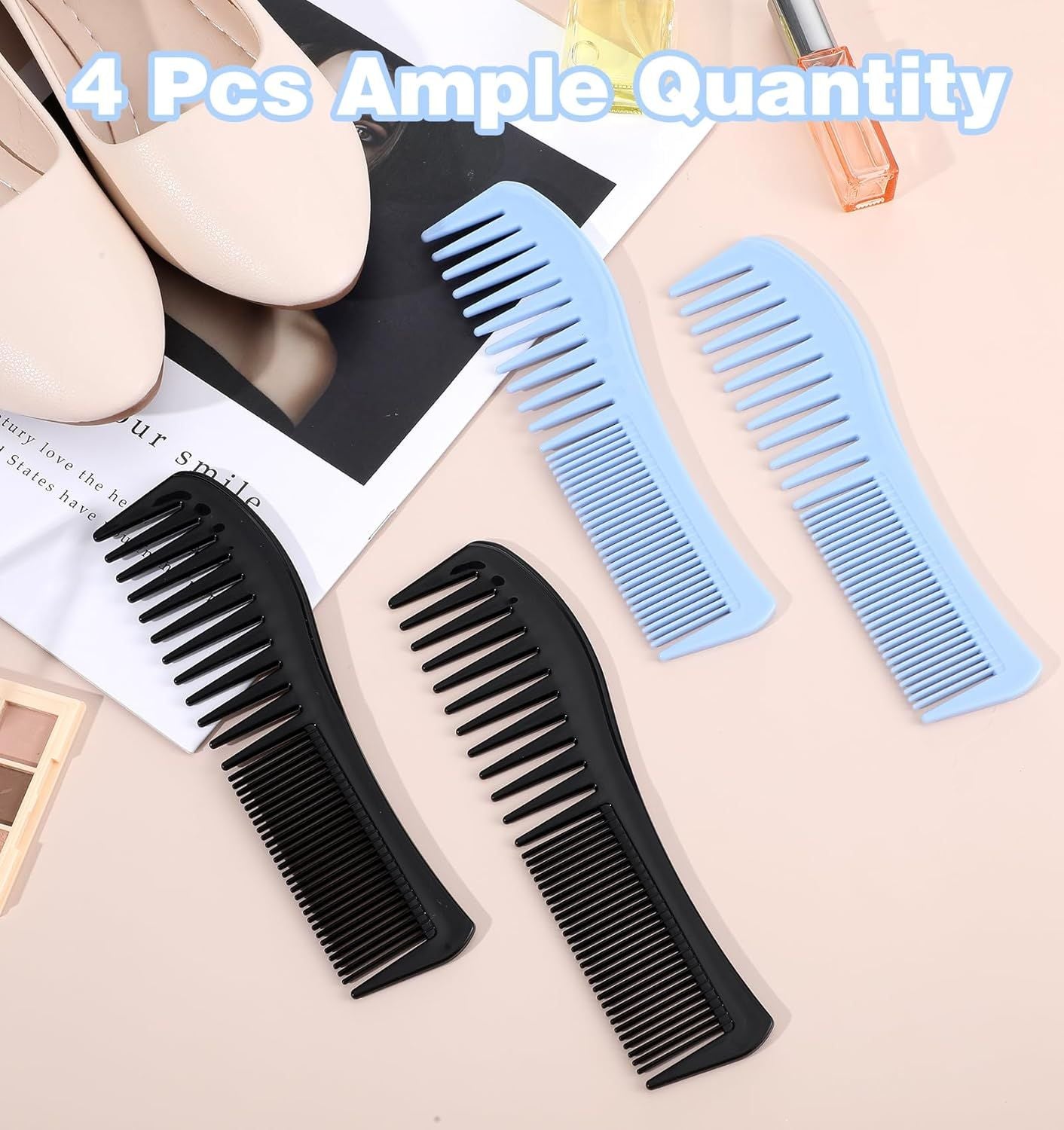 4 Pcs Boys Comb, 2-In-1 Plastic Comb, Wide and Fine Double Tooth Black Combs & Blue Combs for Men, Women All Hair Types, Beard and Mustache 2 Colors