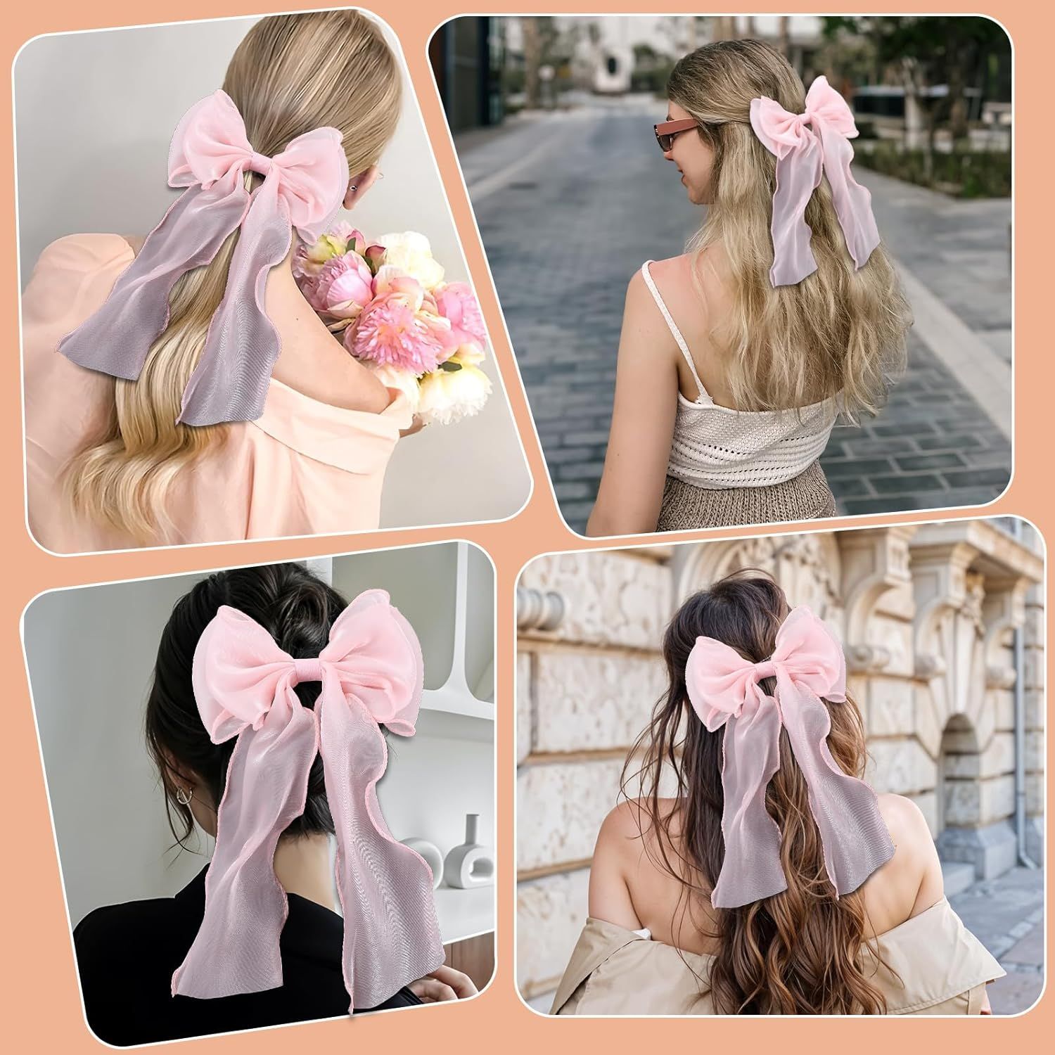 Large Pink Bow, Pink Bows for Hair Clip with Long Ribbon Tail for Women & Girls,