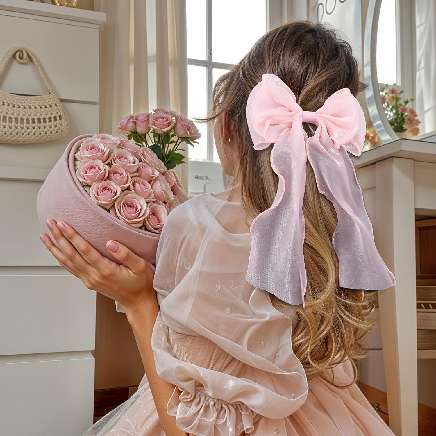 Large Pink Bow, Pink Bows for Hair Clip with Long Ribbon Tail for Women & Girls,