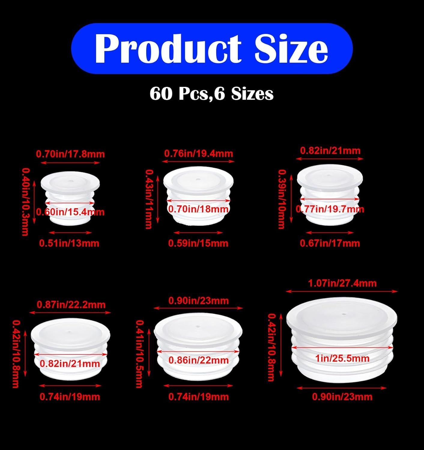 60Pcs Salt and Pepper Stoppers Plugs, 6 Sizes 13/15/17/18/19/23 mm Plastic Bottle Plugs, Leak-Proof Clear Caps for Spice Containers & Shaker Bottles, Reusable