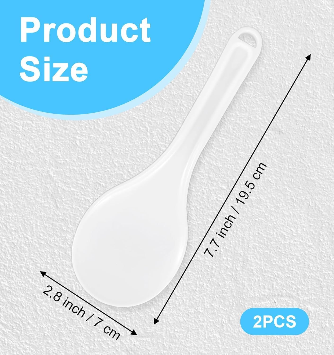 Rice Cooker Spoon, 2 Pack 7.7" Smooth Rice Spoon Paddle, Easy to Clean Non-stick Plastic Rices Serving Spoons with Ergonomic Handle & Hanging Hole for Scoop More in One Go, White