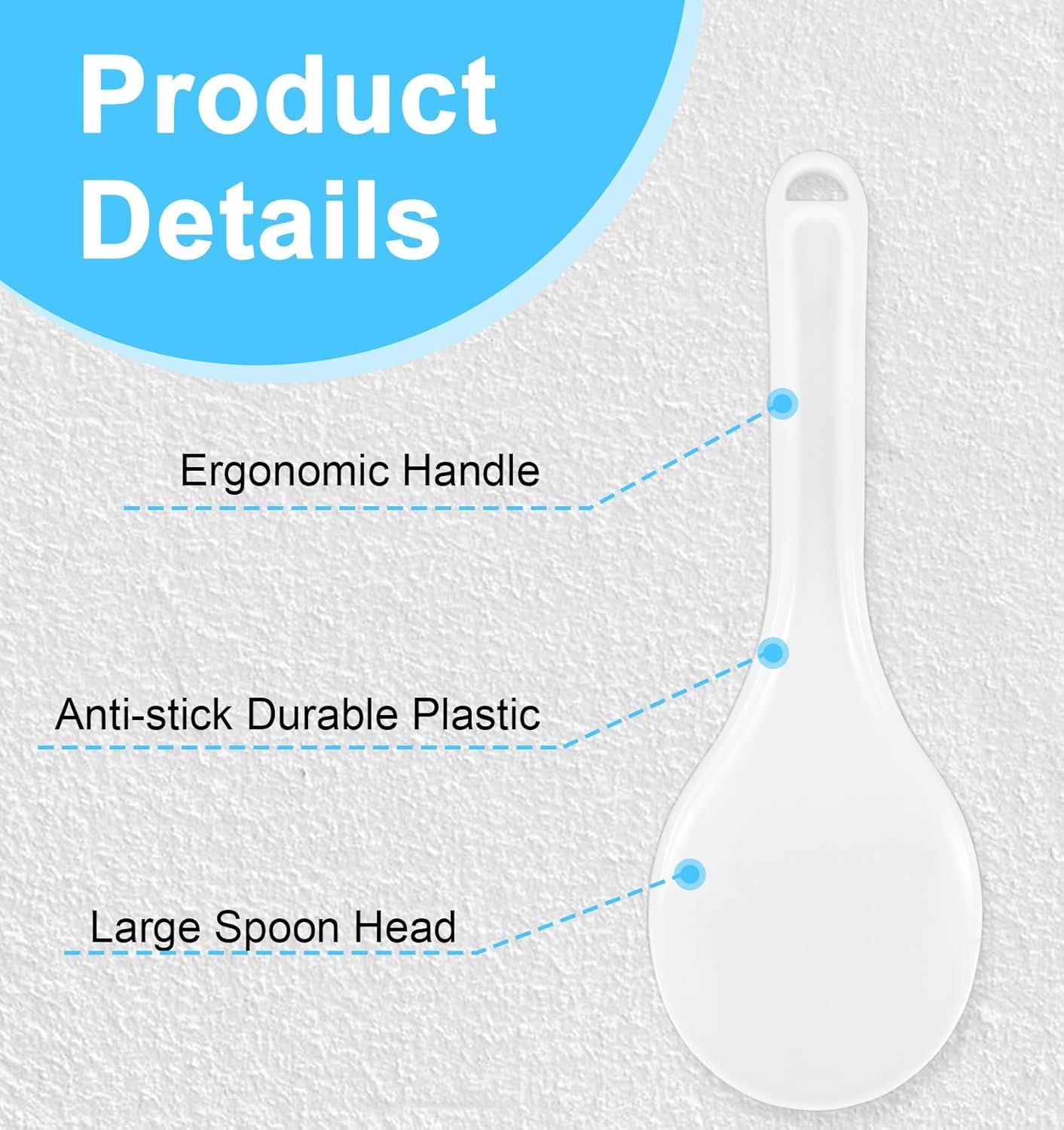 Rice Cooker Spoon, 2 Pack 7.7" Smooth Rice Spoon Paddle, Easy to Clean Non-stick Plastic Rices Serving Spoons with Ergonomic Handle & Hanging Hole for Scoop More in One Go, White