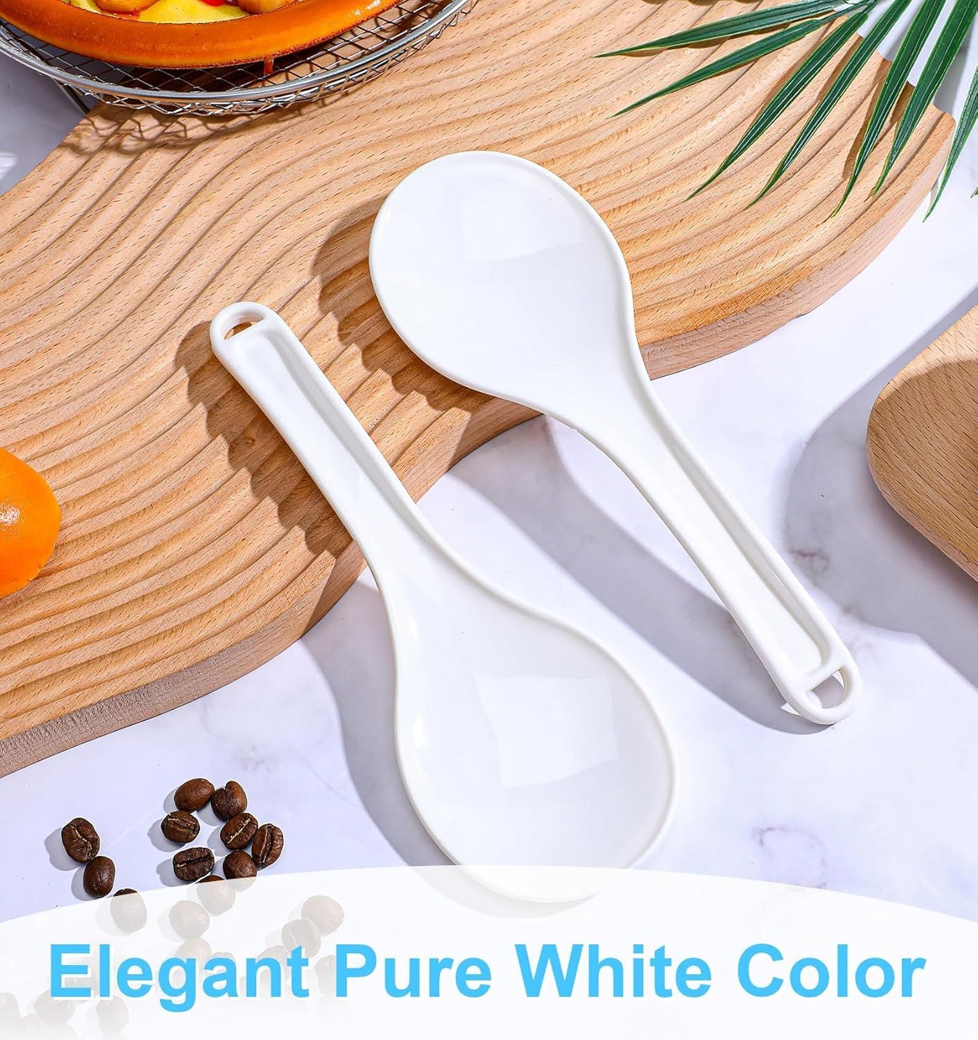 Rice Cooker Spoon, 2 Pack 7.7" Smooth Rice Spoon Paddle, Easy to Clean Non-stick Plastic Rices Serving Spoons with Ergonomic Handle & Hanging Hole for Scoop More in One Go, White