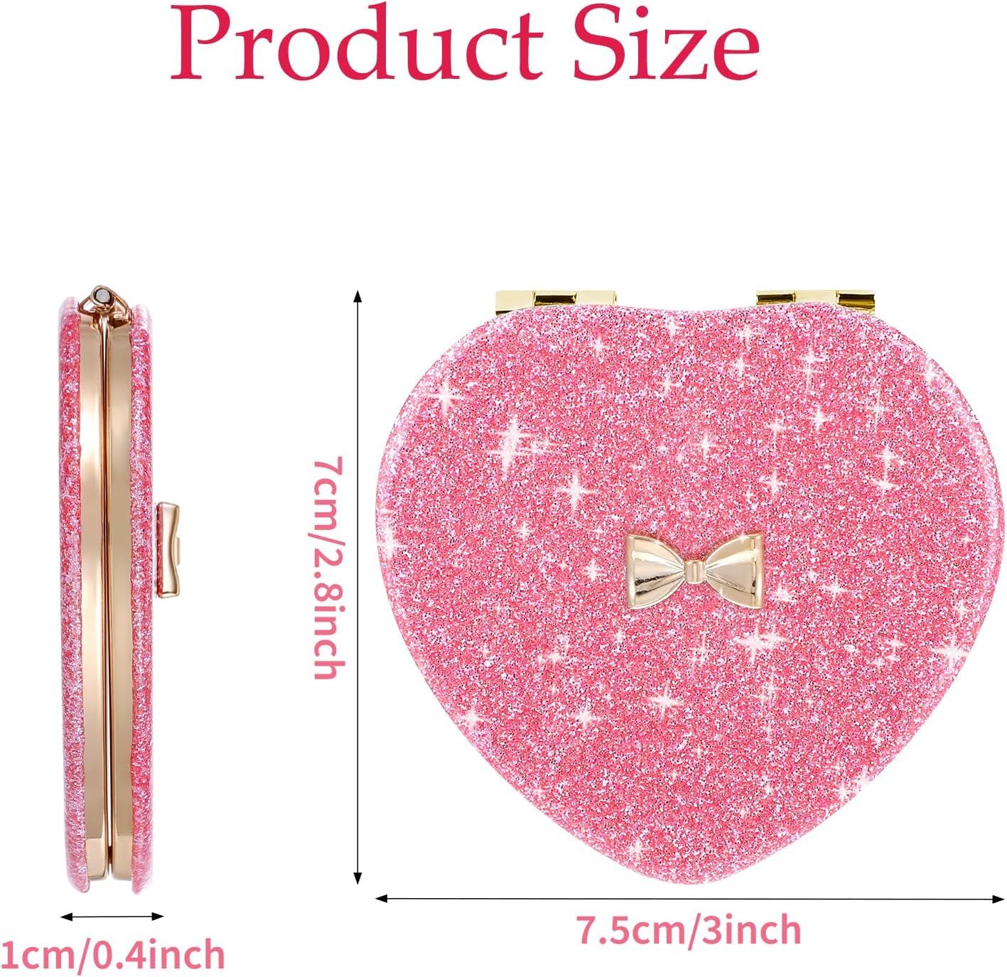 Pink Compact Mirror, Double-Sided Heart Compact Mirror, Magnetic Folding Purse Mirrors Compacts for Girls, Kids, Home Office, Valentine's Day