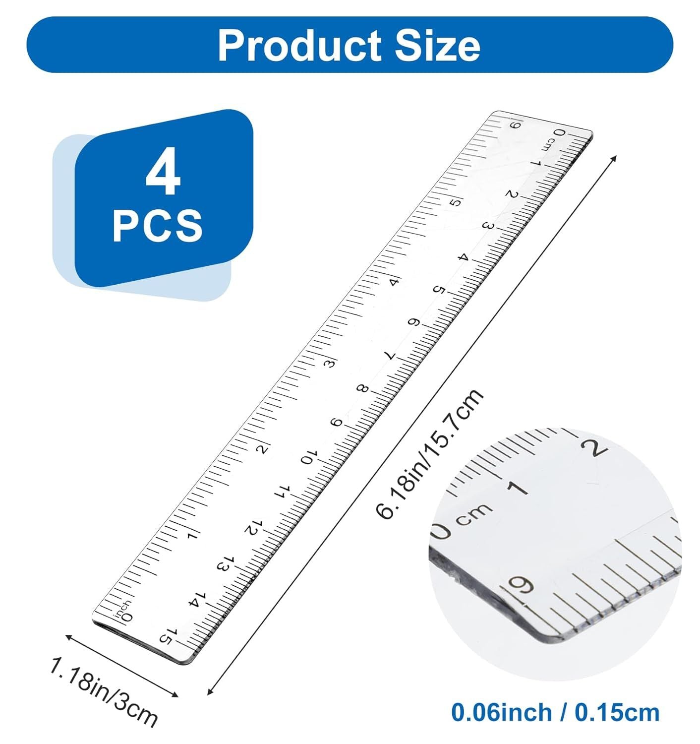 4Pcs 6 Inch Ruler, Plastic Clear Ruler 6 inch Small Rulers for Drawing & Underlining, Short Transparent Straight Measuring Tool Ideal for Journaling School Work, Easy to Use