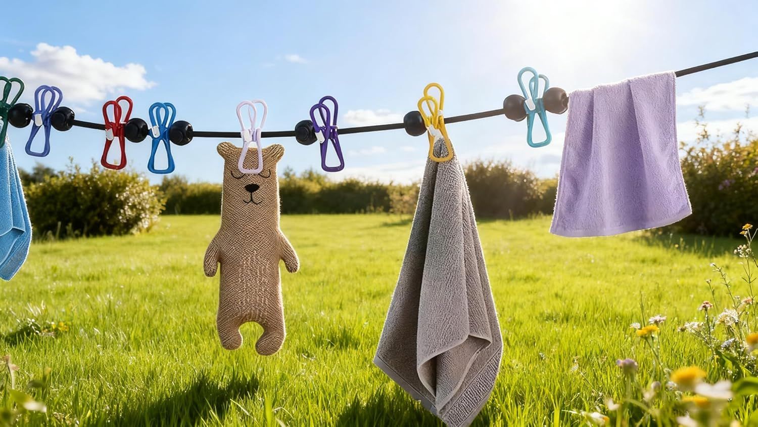 Portable Clothesline Retractable - Travel Drying Rack with Clothespins, Waterproof Outdoor Camping Laundry Line for Indoor Use in Hotel, Home, Apartment Black Rope + Multi-Color Clips