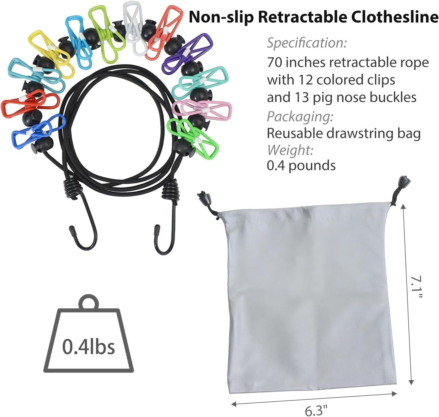 Portable Clothesline Retractable - Travel Drying Rack with Clothespins, Waterproof Outdoor Camping Laundry Line for Indoor Use in Hotel, Home, Apartment Black Rope + Multi-Color Clips