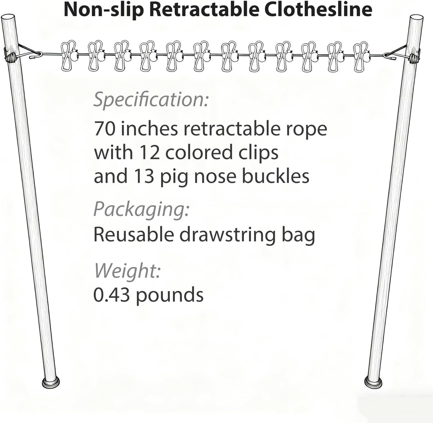 Portable Clothesline Retractable - Travel Drying Rack with Clothespins, Waterproof Outdoor Camping Laundry Line for Indoor Use in Hotel, Home, Apartment Black Rope + Multi-Color Clips