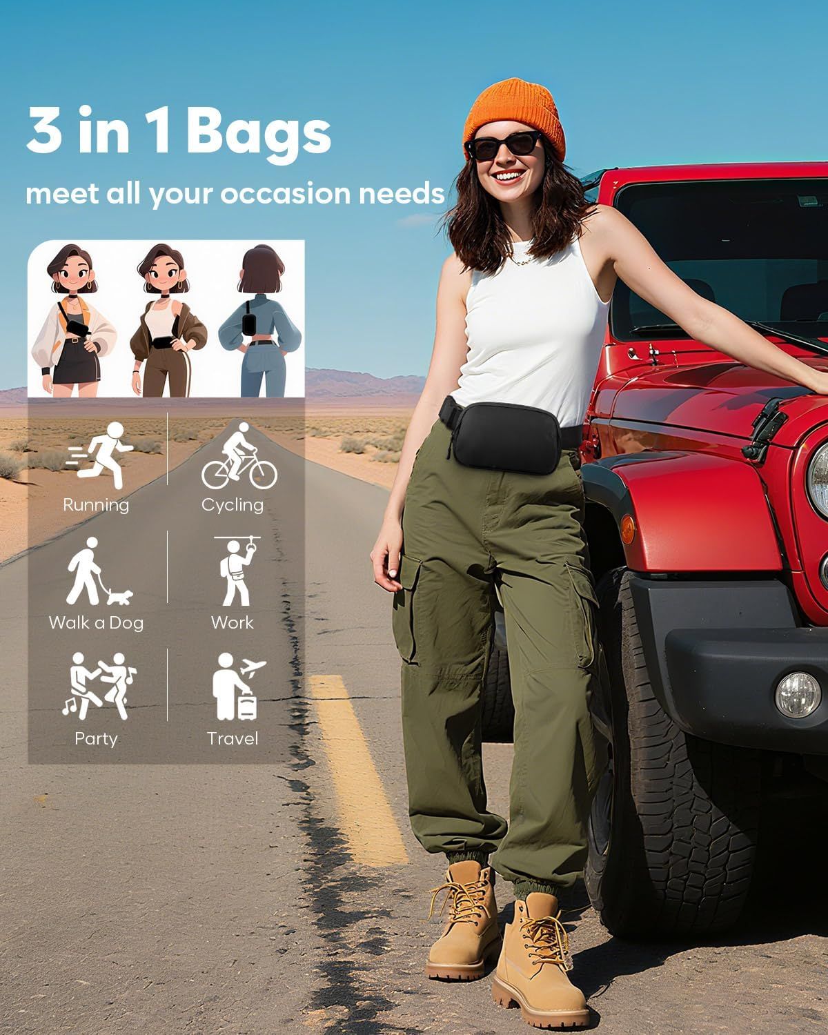 Fanny Packs for Women Cross Body Bag Waterproof Belt Bag with Adjustable Strap and Zipper Back Pocket Small Crossbody Bags Fashion Waist Packs for Workout Travelling Black
