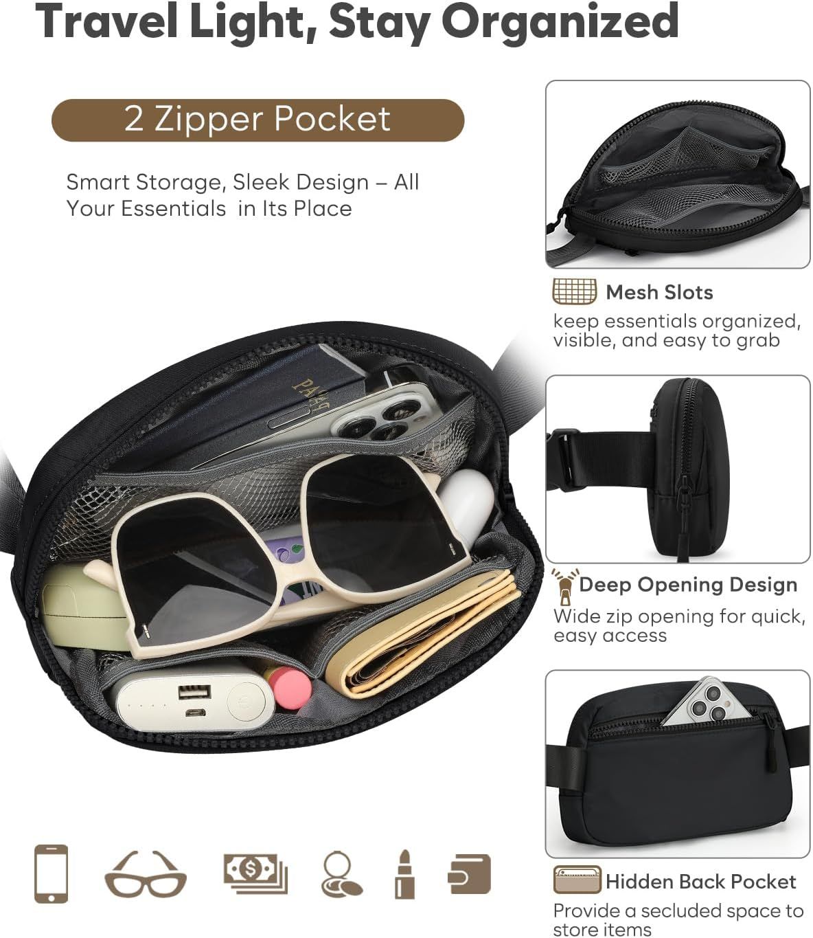 Fanny Packs for Women Cross Body Bag Waterproof Belt Bag with Adjustable Strap and Zipper Back Pocket Small Crossbody Bags Fashion Waist Packs for Workout Travelling Black