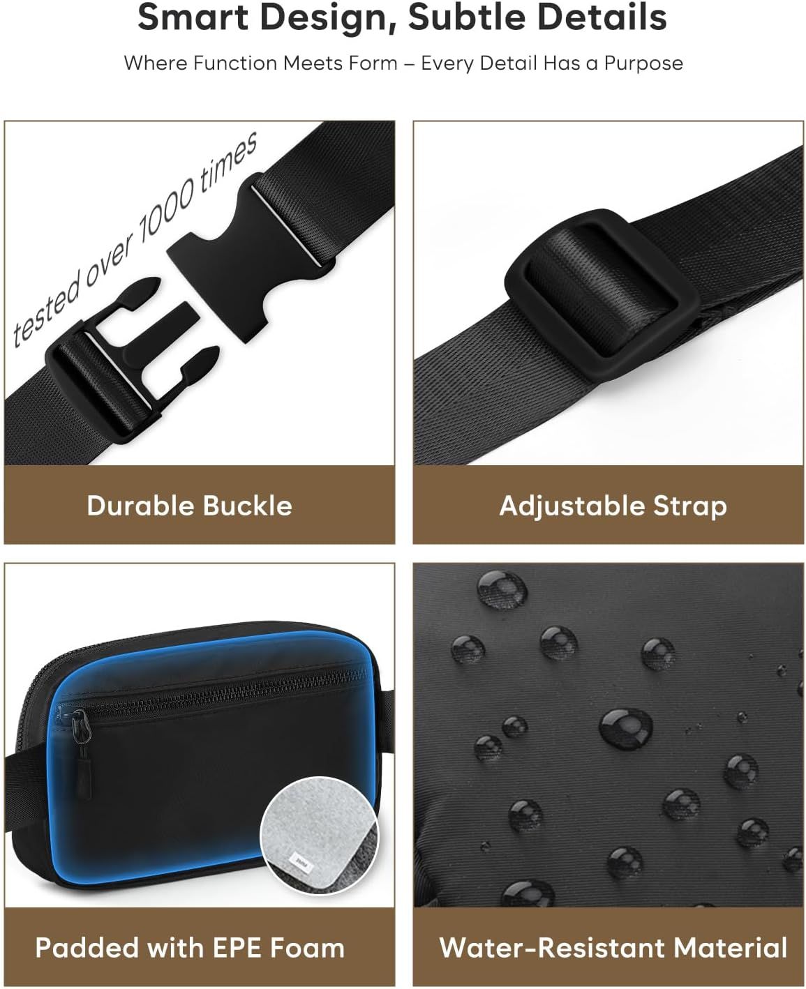 Fanny Packs for Women Cross Body Bag Waterproof Belt Bag with Adjustable Strap and Zipper Back Pocket Small Crossbody Bags Fashion Waist Packs for Workout Travelling Black