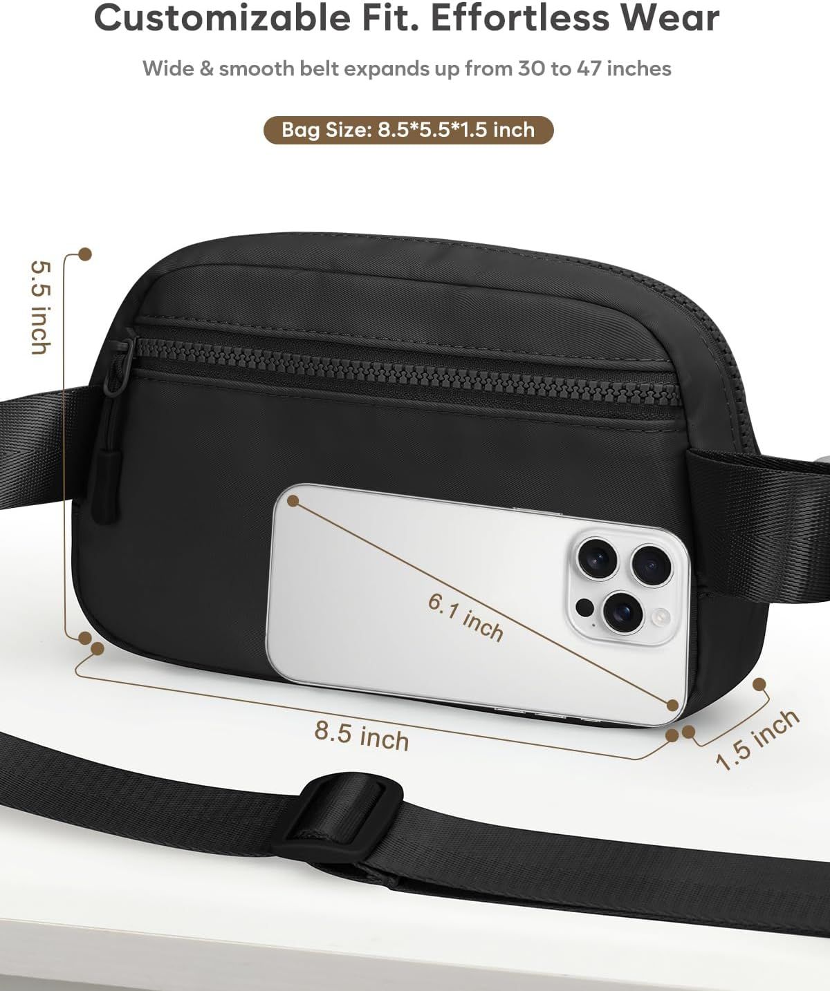 Fanny Packs for Women Cross Body Bag Waterproof Belt Bag with Adjustable Strap and Zipper Back Pocket Small Crossbody Bags Fashion Waist Packs for Workout Travelling Black