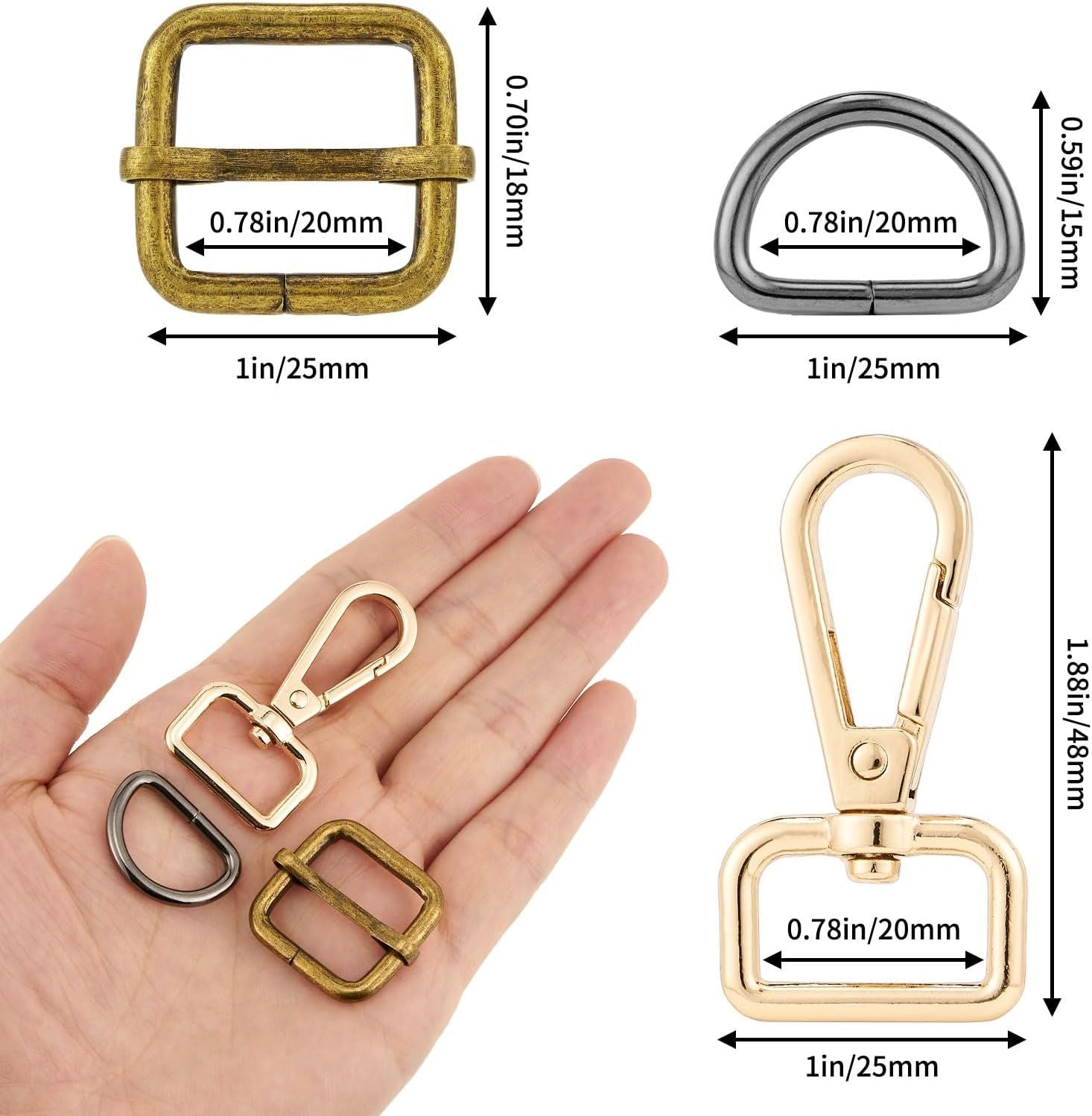 Purse Hardware Heavy Duty Swivel Snap Hooks D Rings and Slide Buckles for Bag Making Handbag Craft