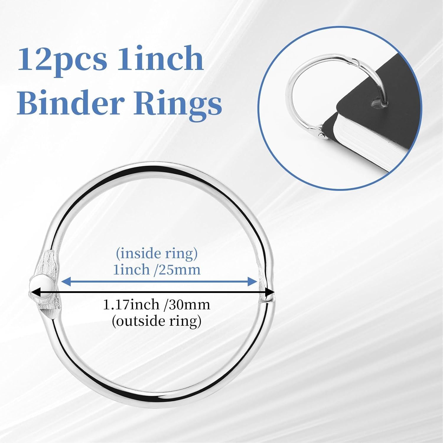 Loose Leaf Binder Rings 1Inch 12 Pack Office Metal Book Ring,Nickel Plated Steel Key Rings for School Home or Office,Sliver