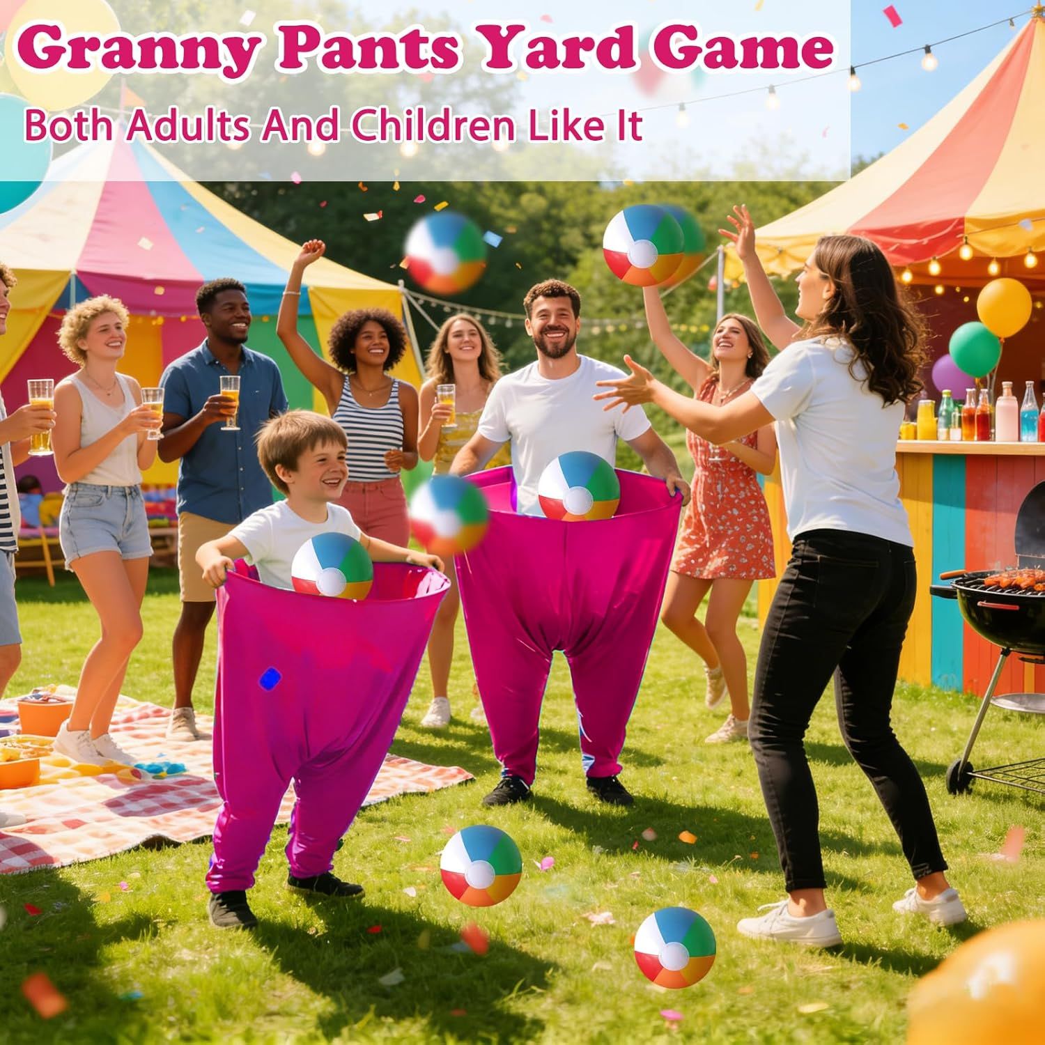 Granny Pants Yard Game Set Giant Outdoor Party Activity for Kids and Adults, Big Pants Ball Catching Set with 4 Balloons and Pump, Funny Lawn Activity, Ring Toss Games Deep Pink