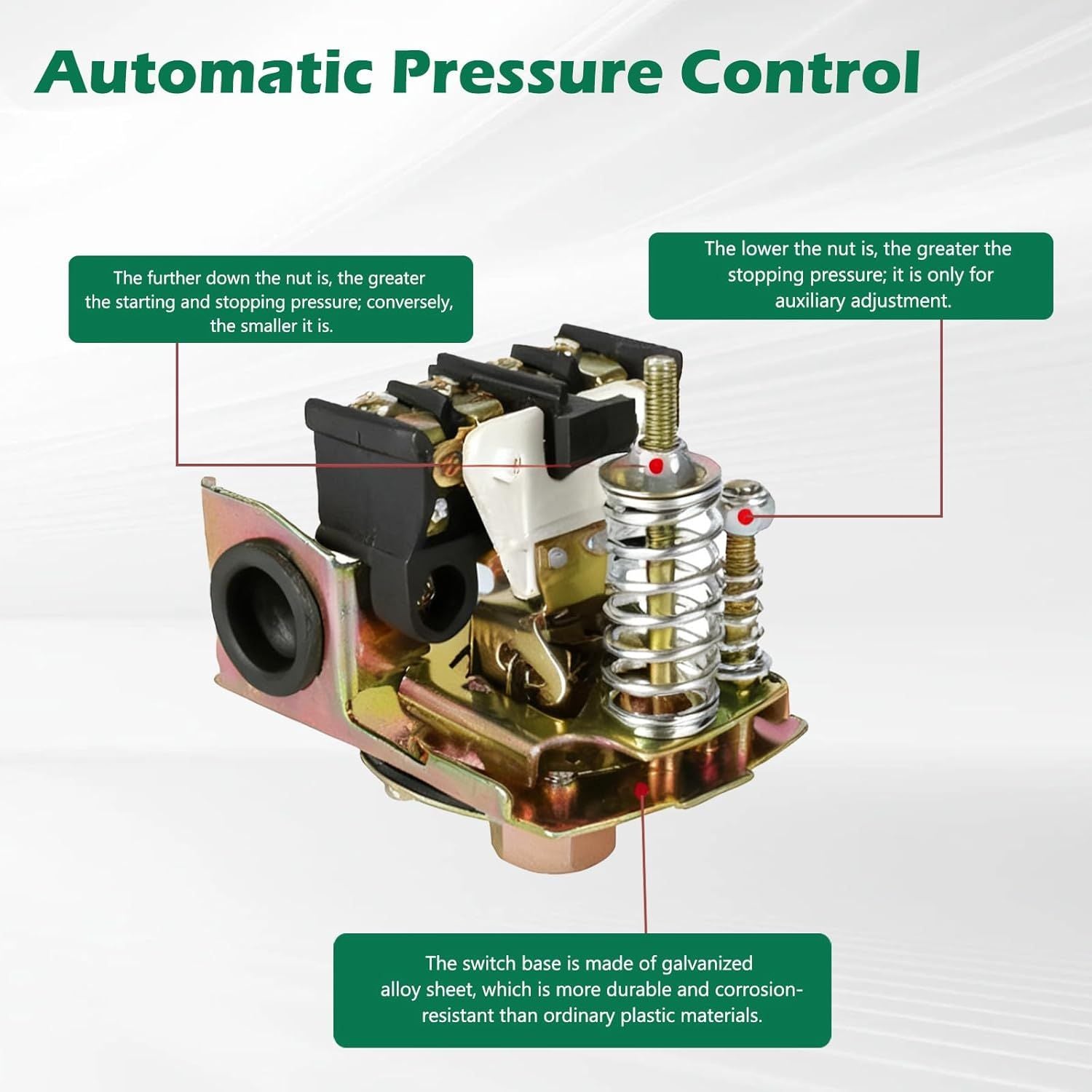Automatic Water Pump Pressure Switch 40–60 PSI, Adjustable Differential, 1/4" NPT Connection, Durable Grey Housing for Well Pumps, Jet Pumps & Submersible Systems