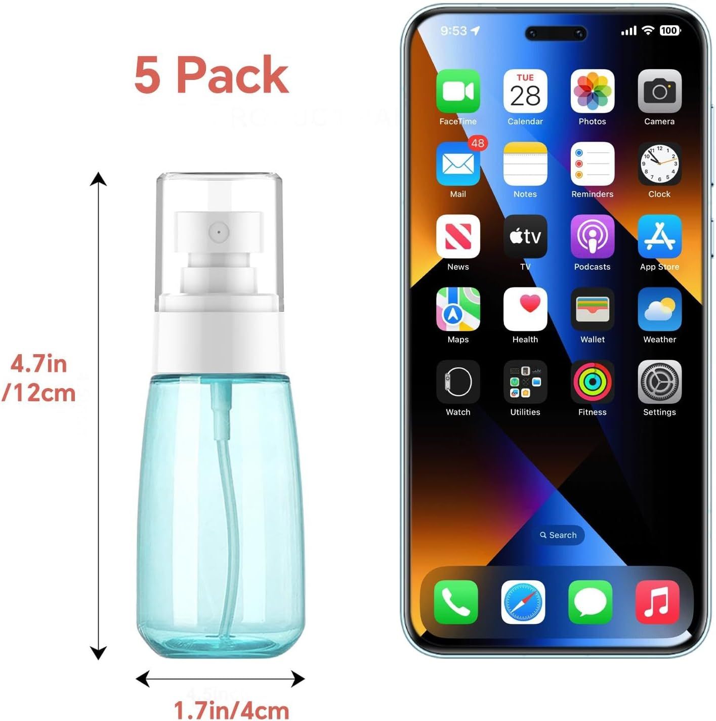 2 oz Travel Spray Bottles TSA Approved，Leak Proof Travel Size Mini Small Fine Mist Spray Bottle 2 oz for Face Hair 5 Pack