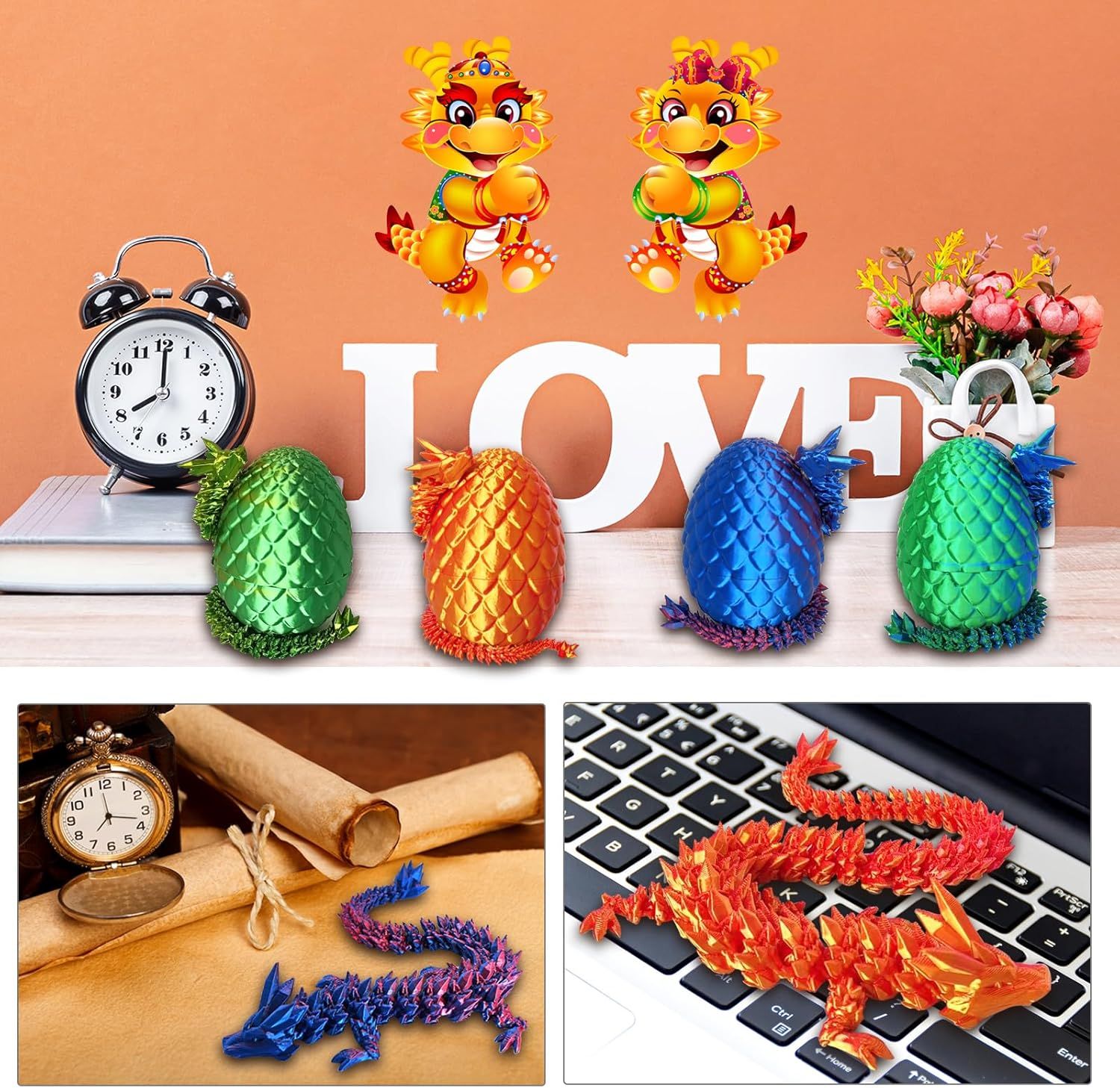 3D Printed Dragon Egg, 3D Printed Articulated Dragon Eggs with Dragon Inside, Crystal Dragon Fidget Toy, Adults Fidget Toys, Mystery Dragon Egg for Autism and ADHD Laser Green