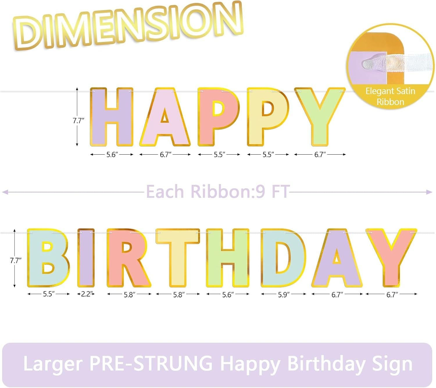 Happy Birthday Banner - 9ft Pre-Strung Happy Birthday Sign for Women, Men, Girls, Boys - No DIY Birthday Decorations & Party Supplies Macaron