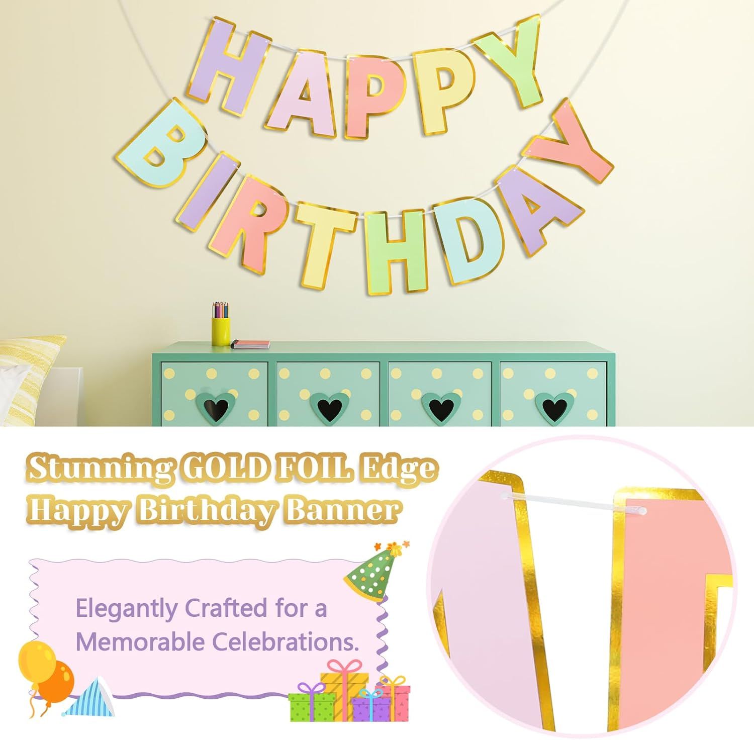 Happy Birthday Banner - 9ft Pre-Strung Happy Birthday Sign for Women, Men, Girls, Boys - No DIY Birthday Decorations & Party Supplies Macaron