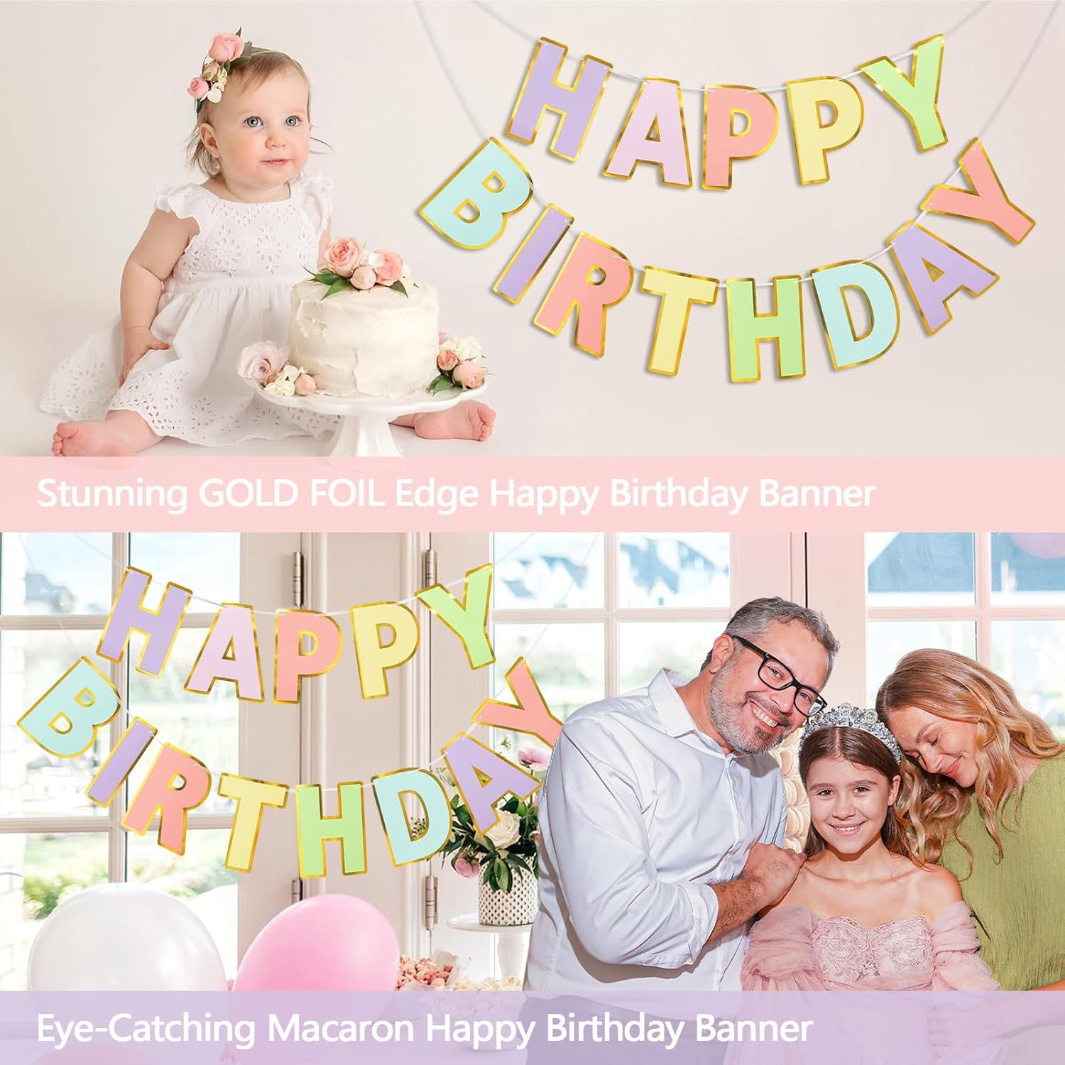 Happy Birthday Banner - 9ft Pre-Strung Happy Birthday Sign for Women, Men, Girls, Boys - No DIY Birthday Decorations & Party Supplies Macaron