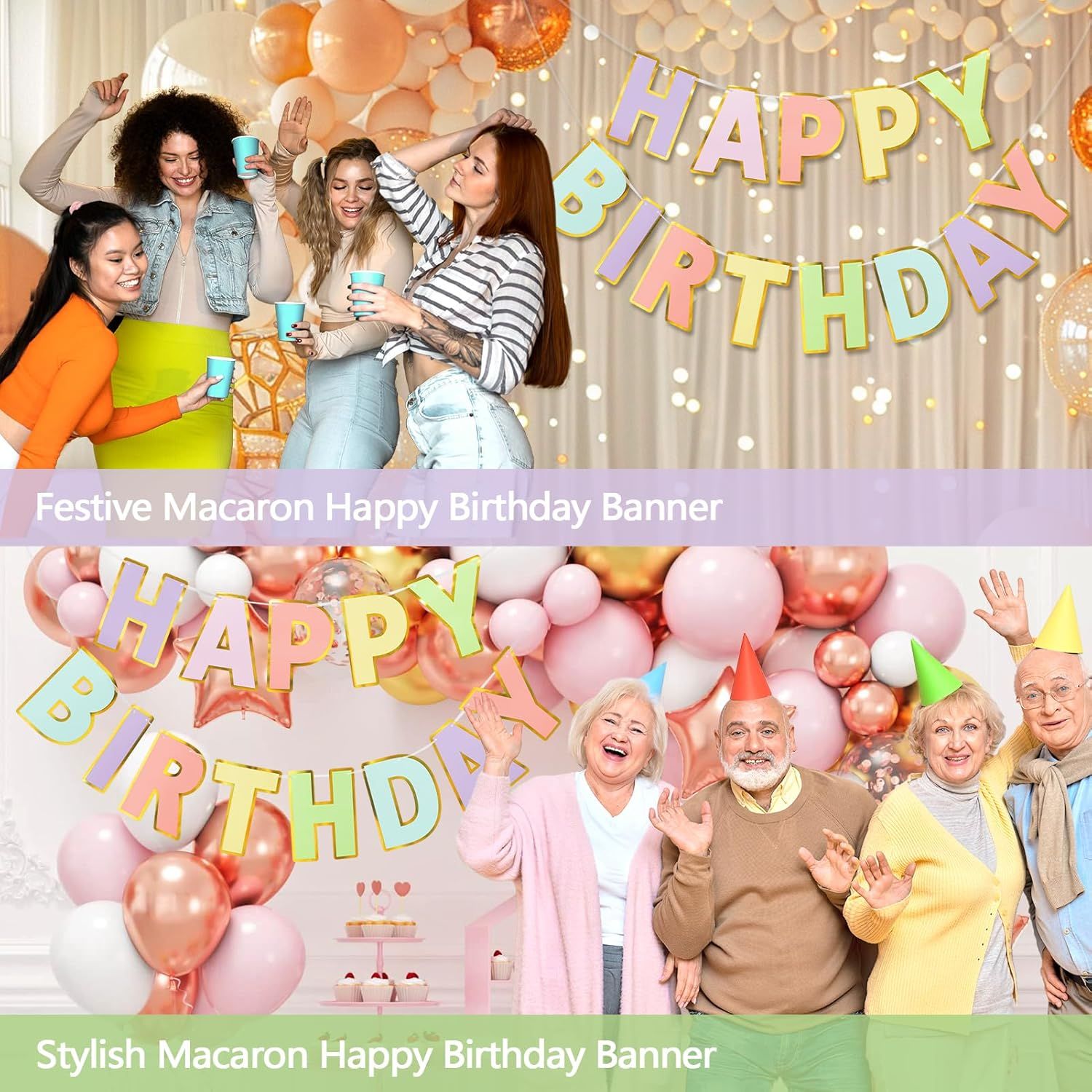 Happy Birthday Banner - 9ft Pre-Strung Happy Birthday Sign for Women, Men, Girls, Boys - No DIY Birthday Decorations & Party Supplies Macaron