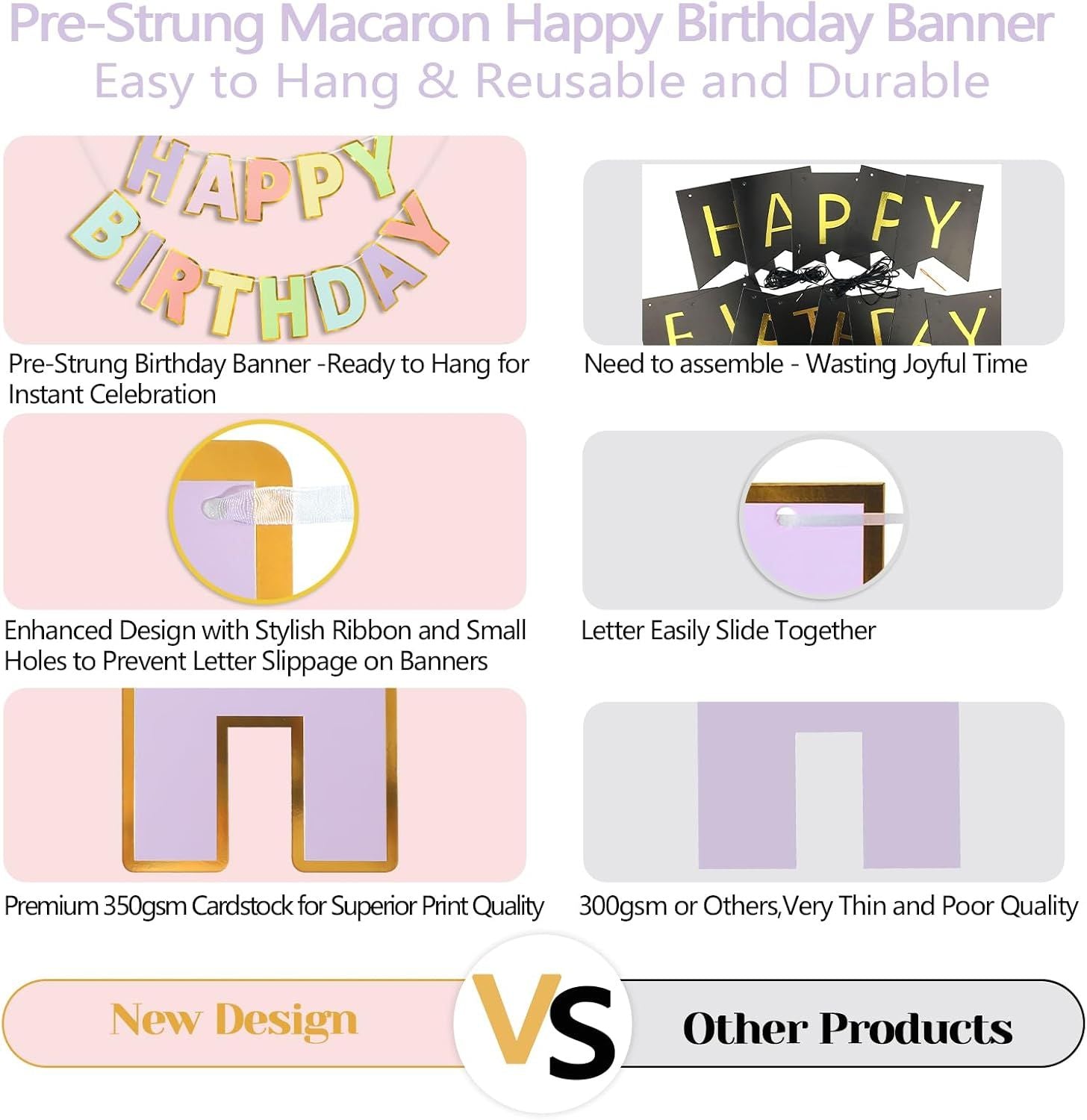 Happy Birthday Banner - 9ft Pre-Strung Happy Birthday Sign for Women, Men, Girls, Boys - No DIY Birthday Decorations & Party Supplies Macaron