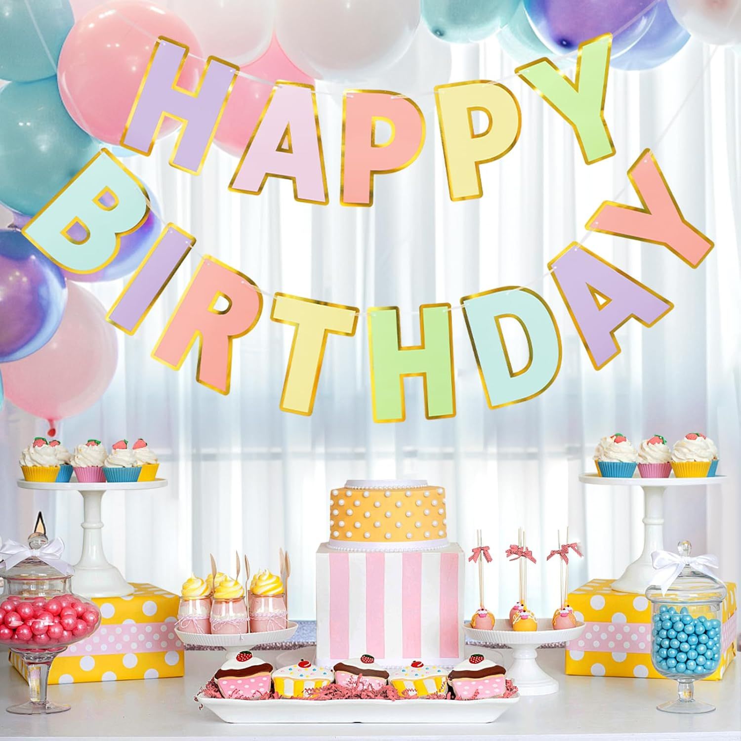 Happy Birthday Banner - 9ft Pre-Strung Happy Birthday Sign for Women, Men, Girls, Boys - No DIY Birthday Decorations & Party Supplies Macaron